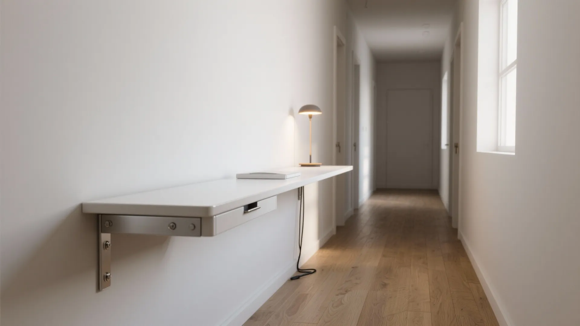 1. Slim floating desk for narrow hallways