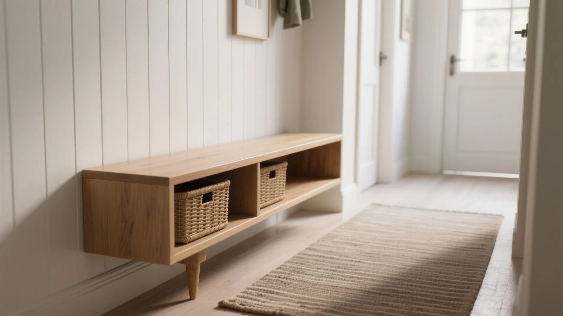 1. Slim floating bench with under-seat storage