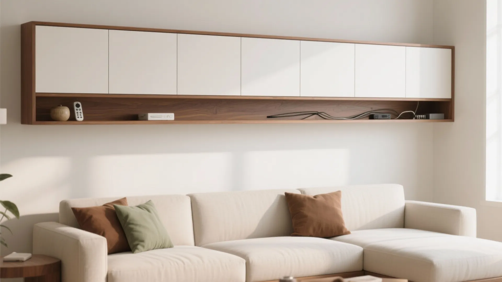 Idea 1: Slim floating cupboards that behave like shelves