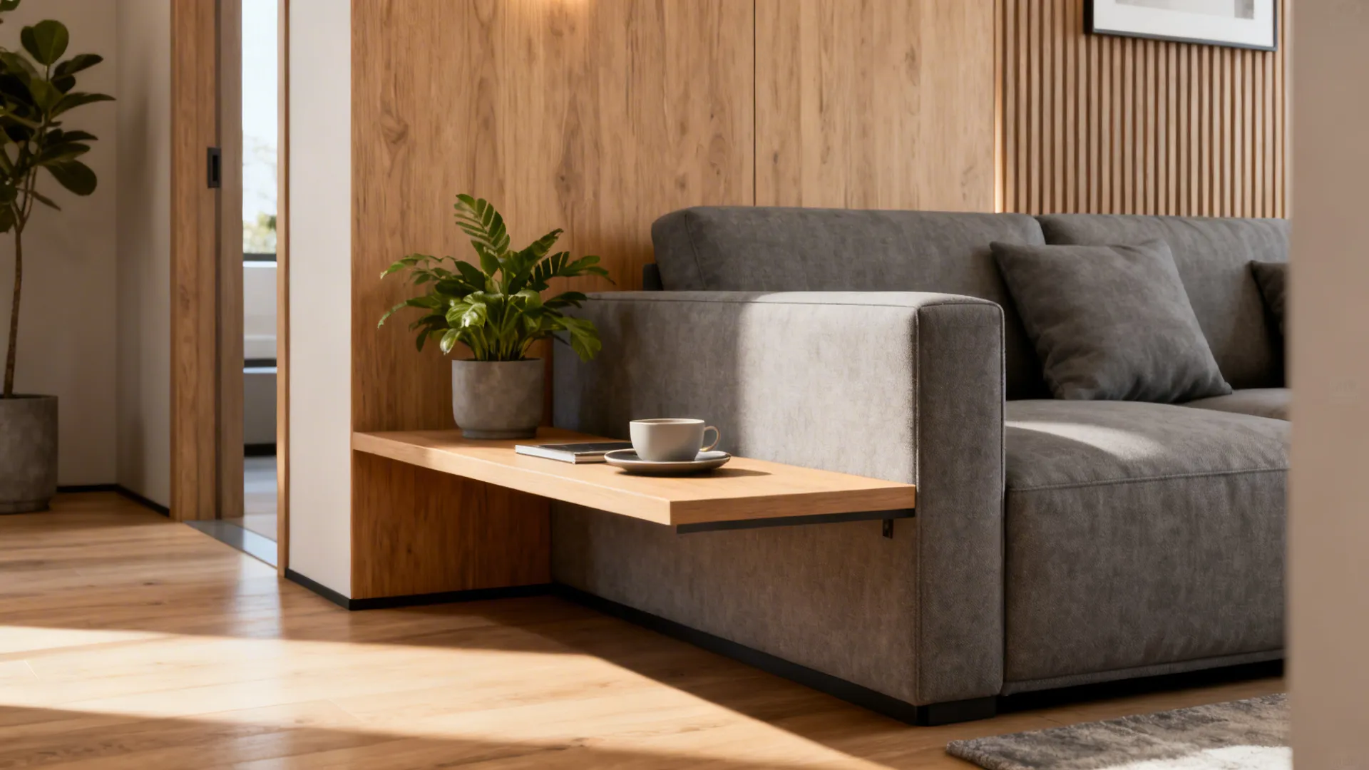 Slim rectangular floating console table placed mid-room, matched to sofa arm height