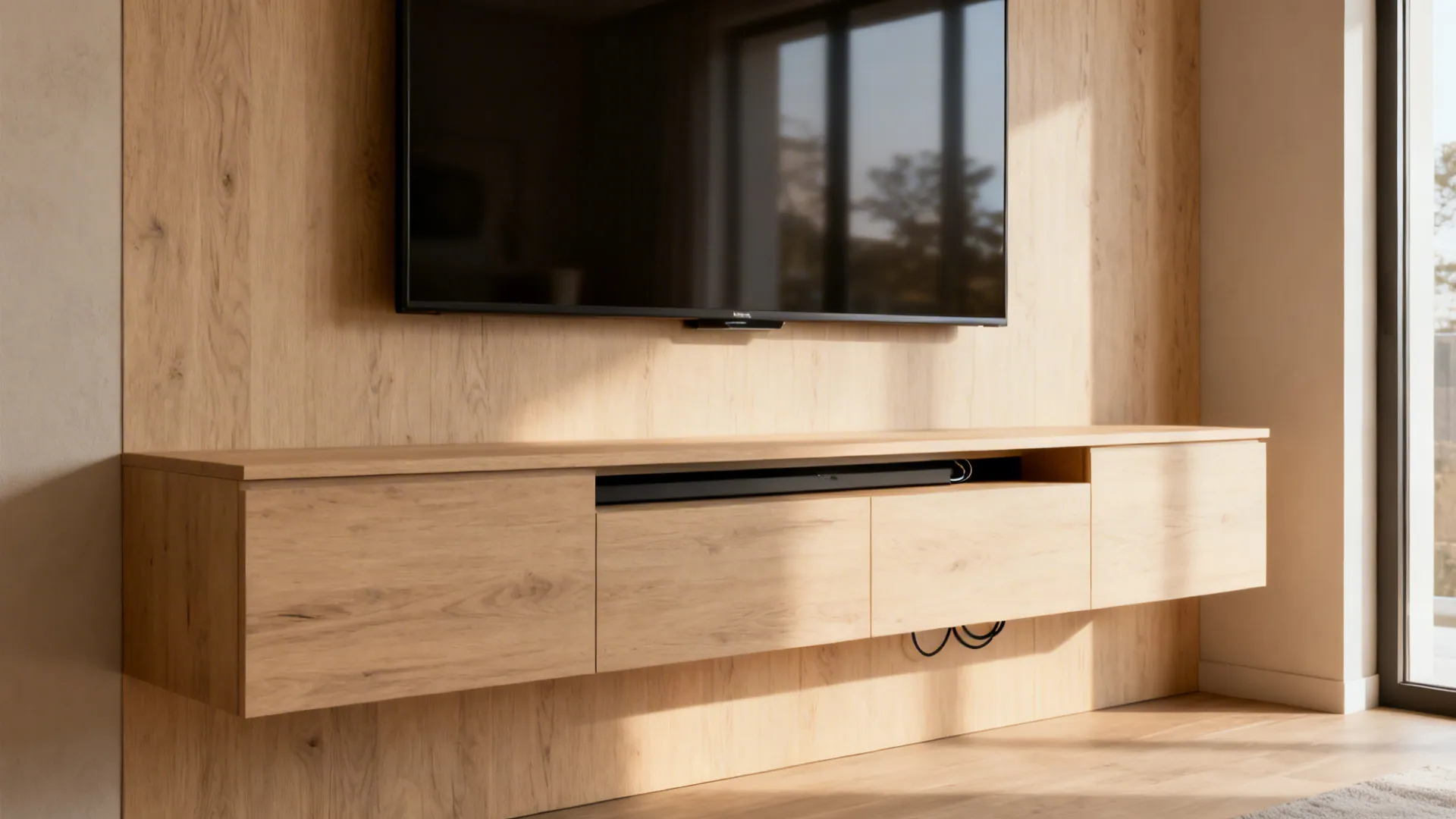 Slim floating media console under a wall-mounted TV with hidden cable management and decorative objects