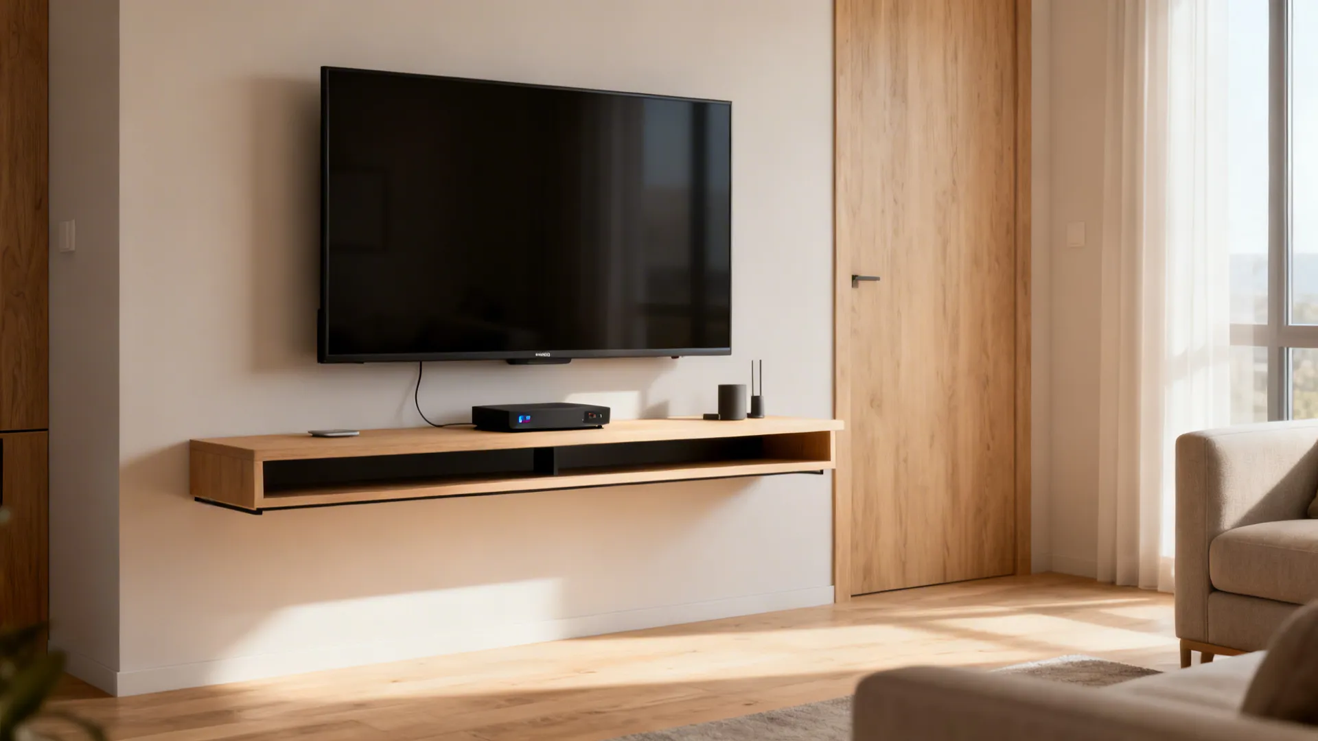 Slim floating media console under a 43-inch TV in a small living room showcasing open floor space