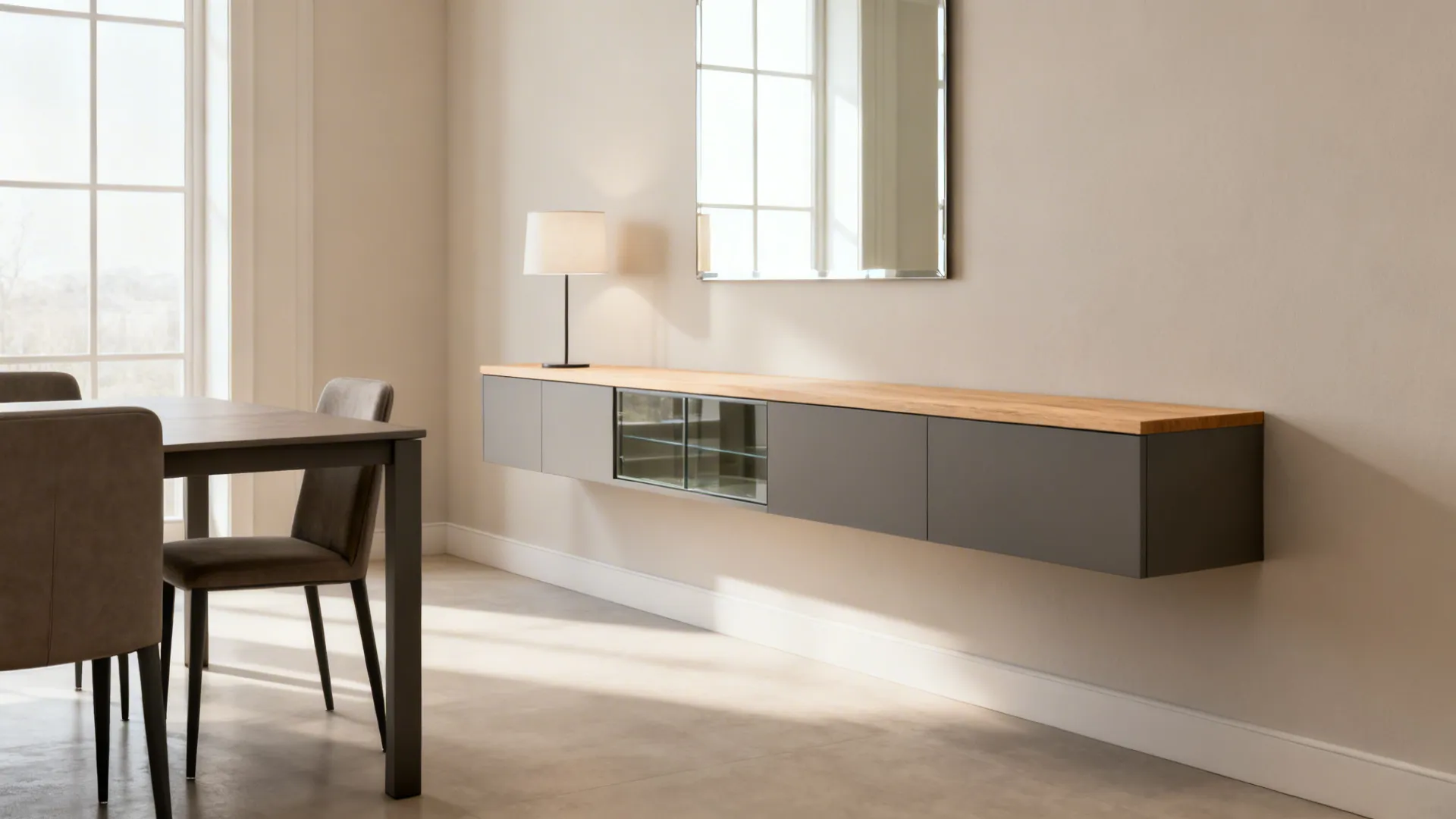 Modern grey wall cabinet with wood top next to a table lamp and wall mirror