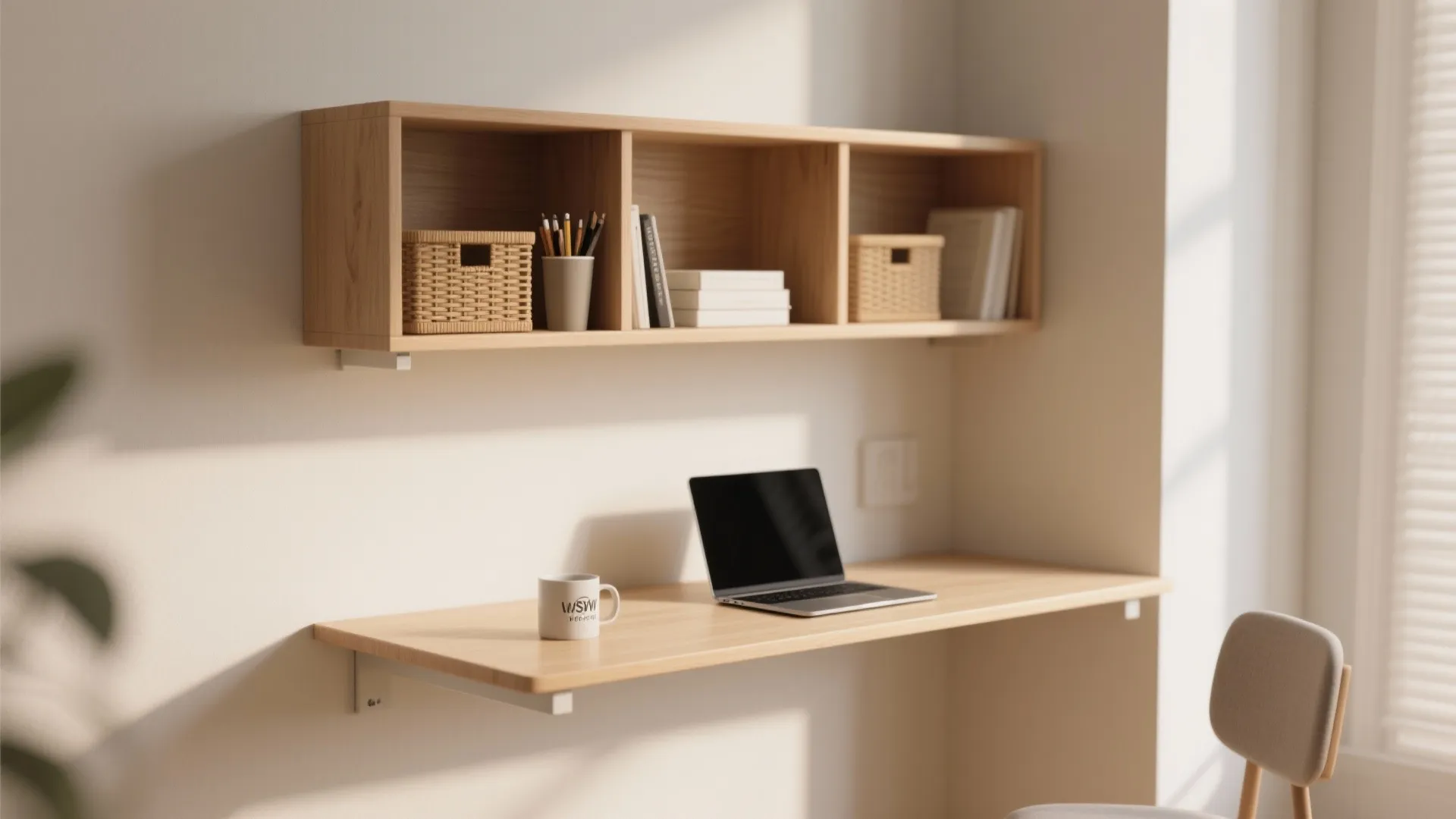 1. Slim floating desk with shallow hutch