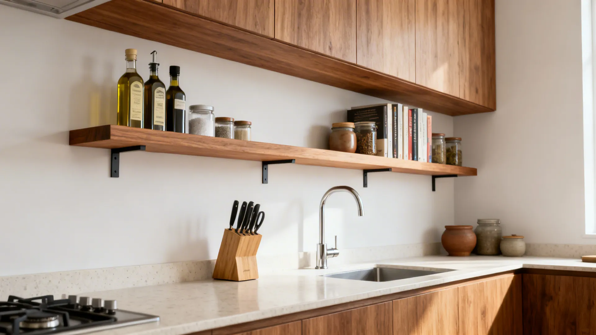 Two slim floating oak shelves above a compact kitchen prep counter with oils and cookbooks.