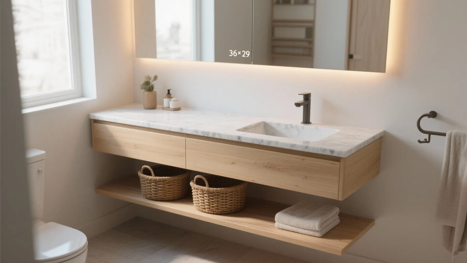 Slim floating vanity with open shelf