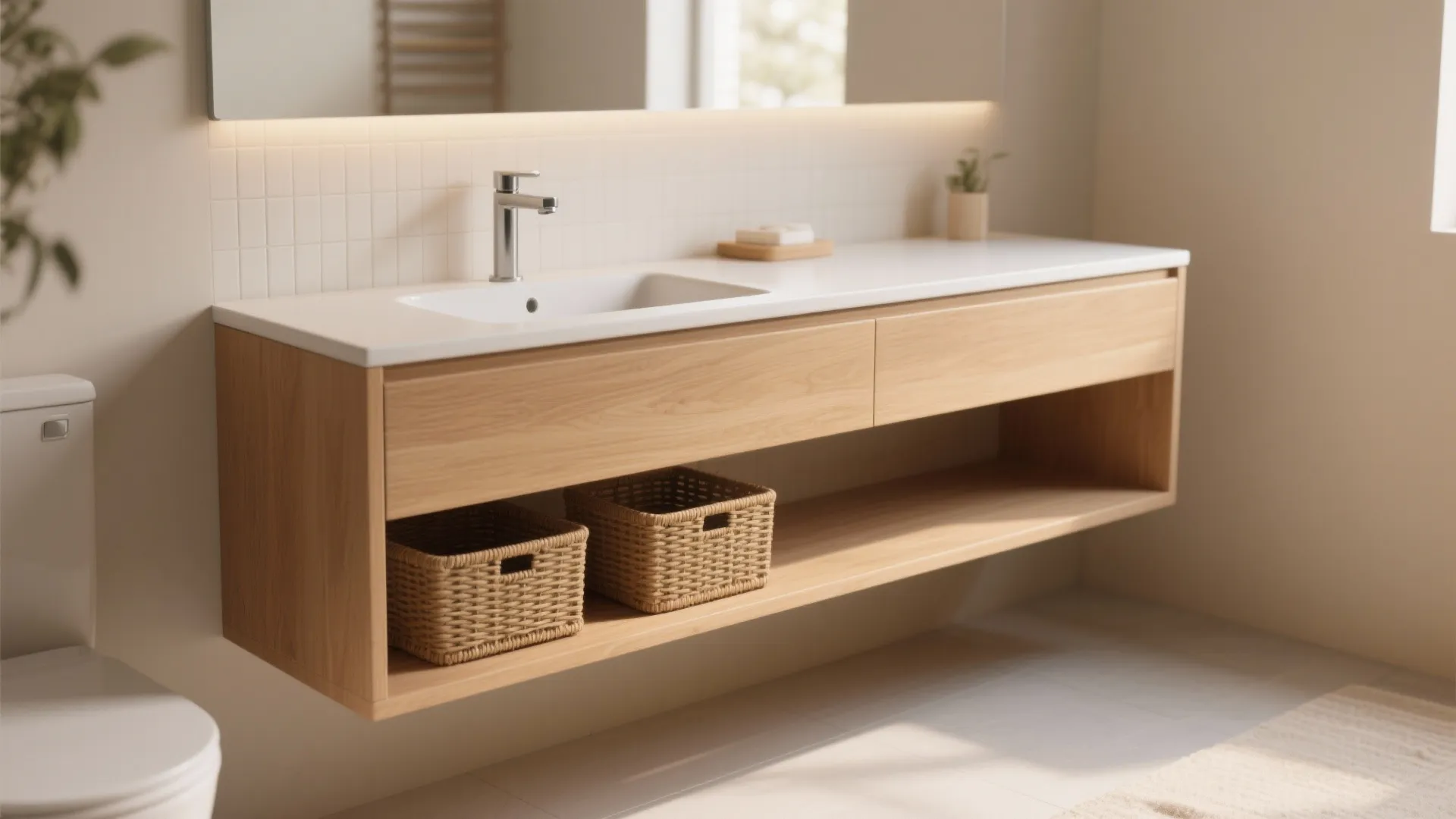 Slim floating vanity with an open shelf