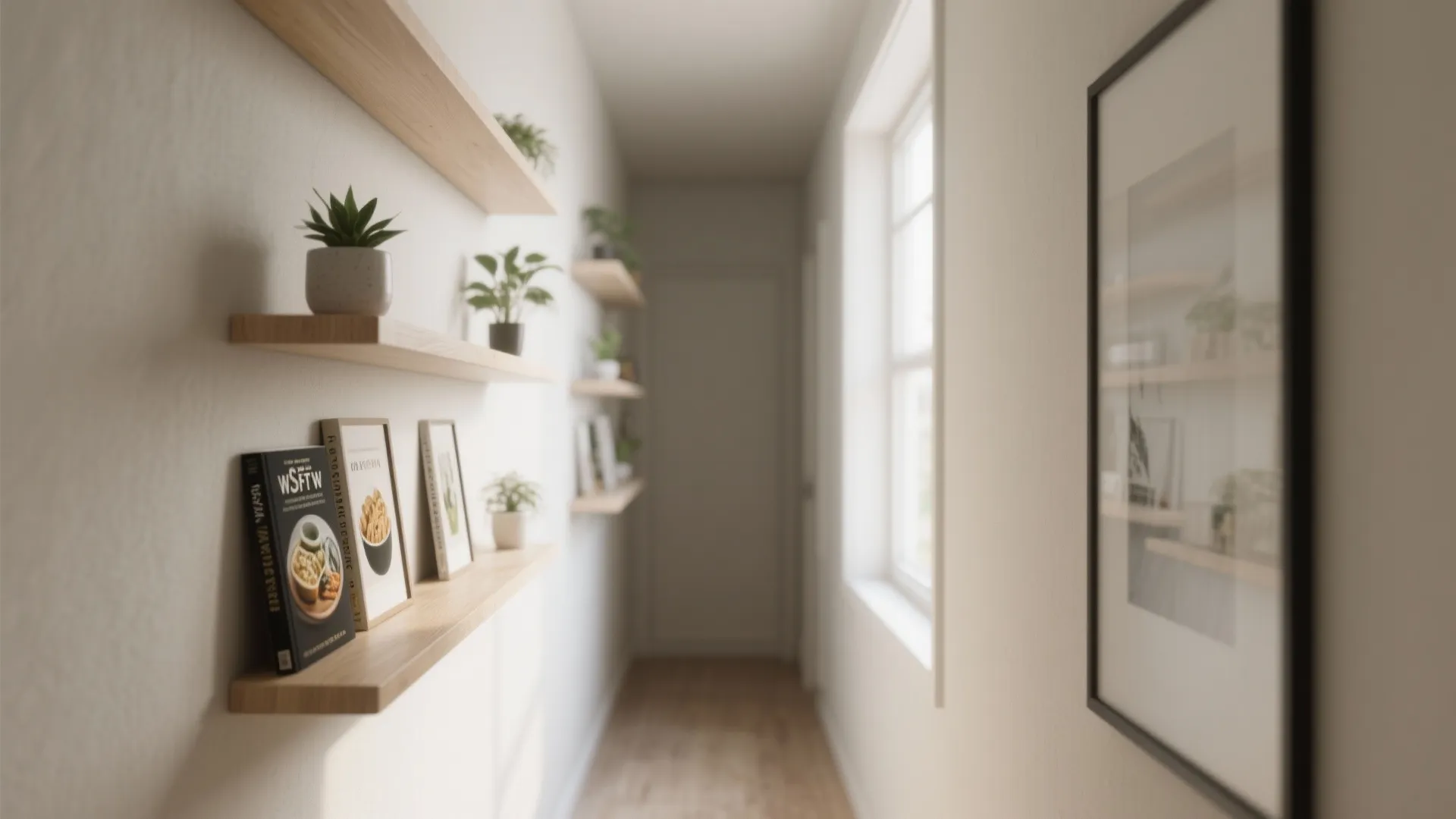 Narrow hallway with slim floating plywood shelves styled with plants and books.