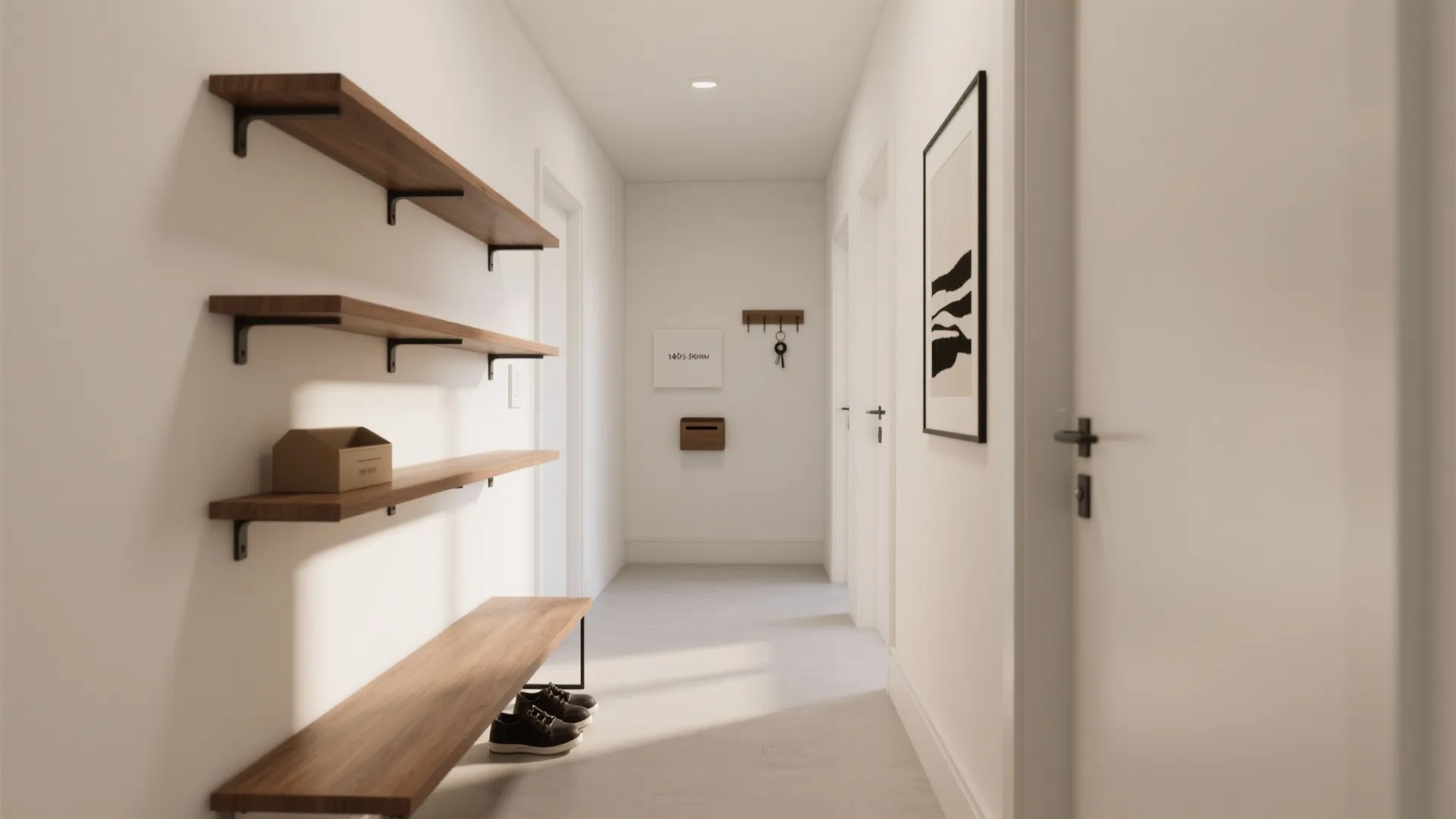 Slim floating shelves with concealed brackets over a narrow bench in a small hall.