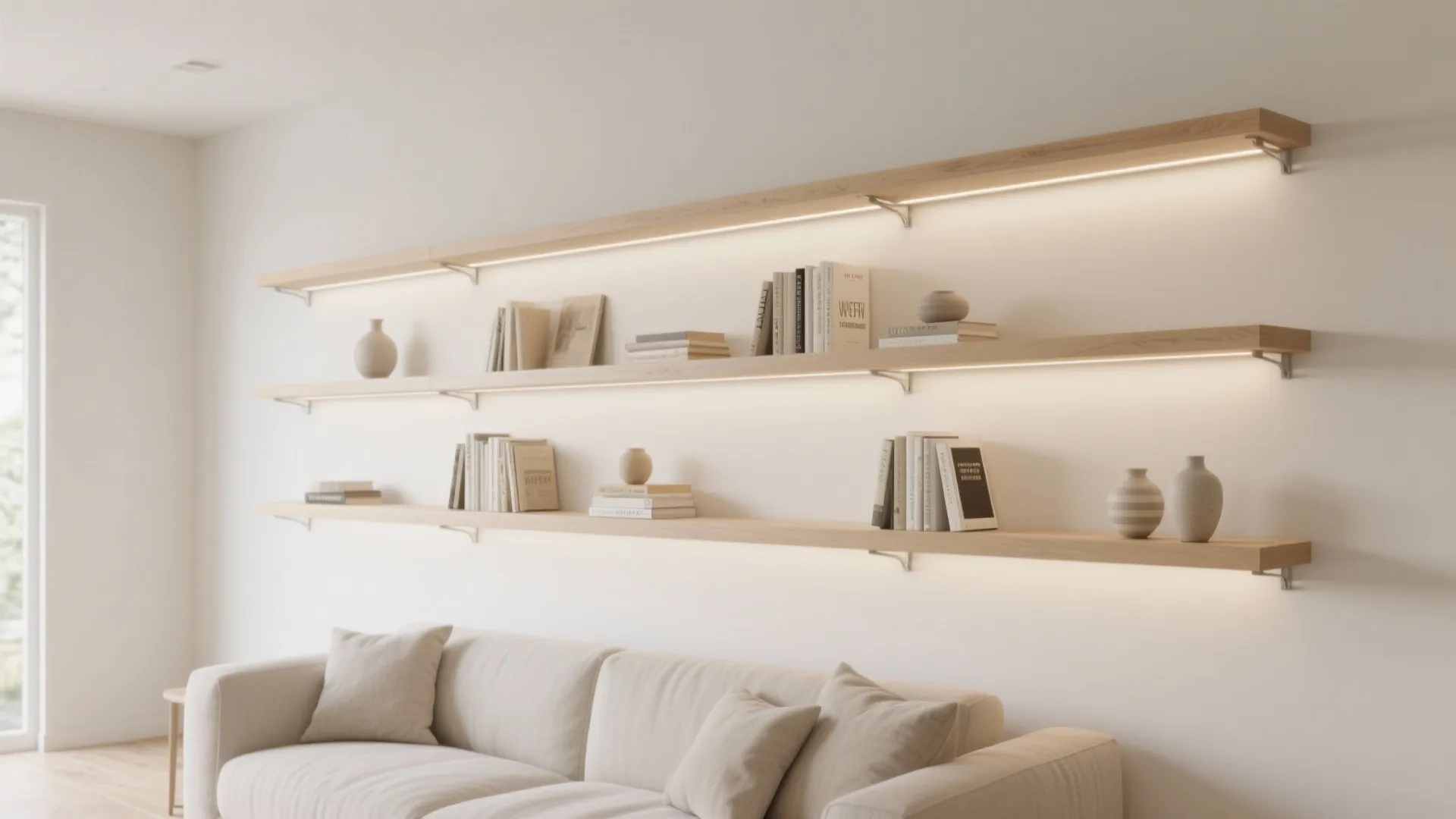 Three long wooden floating wall shelves with built in lights above a light grey sofa
