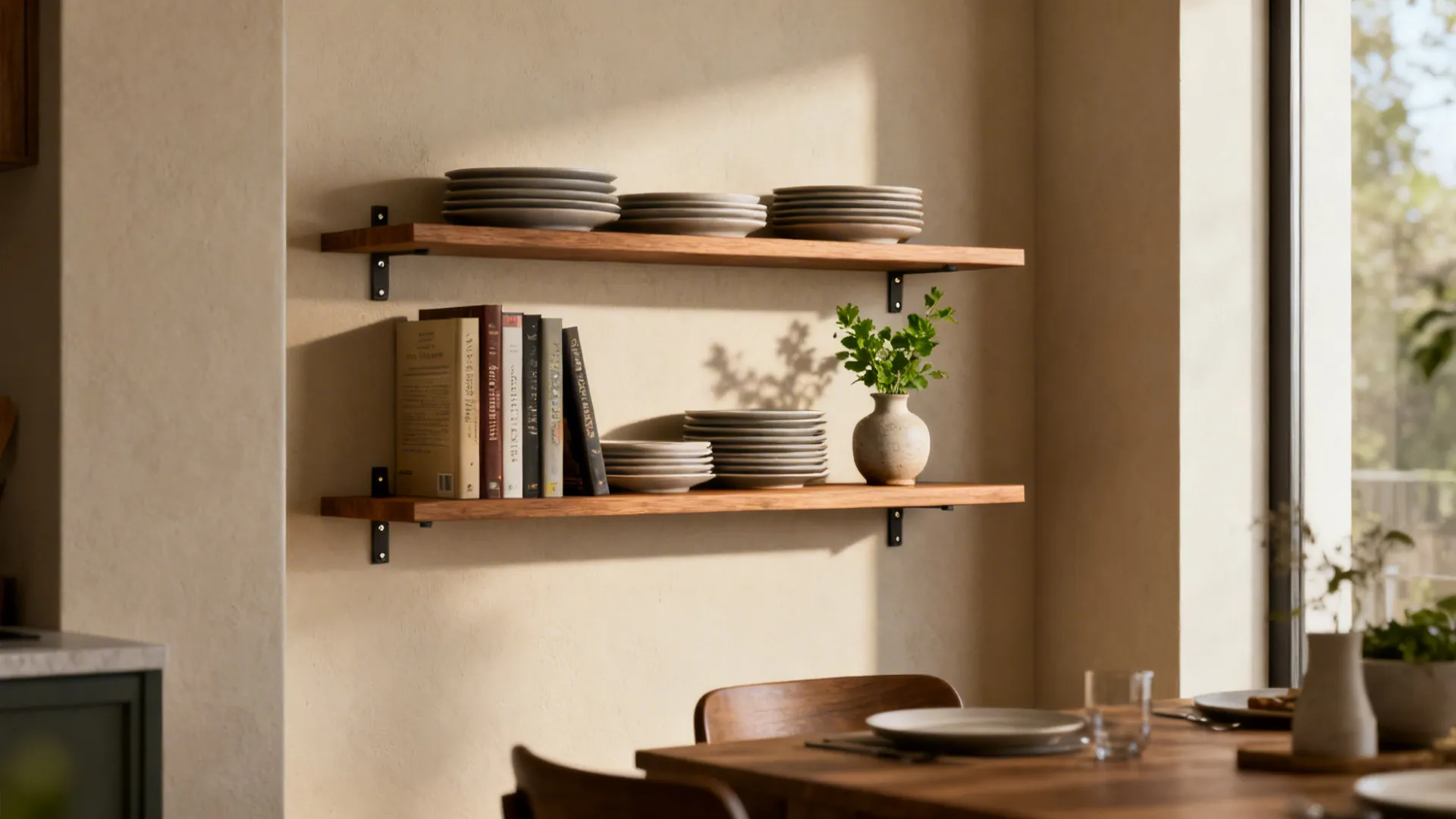 Narrow floating shelves holding plates, a plant and books above a small dining table.