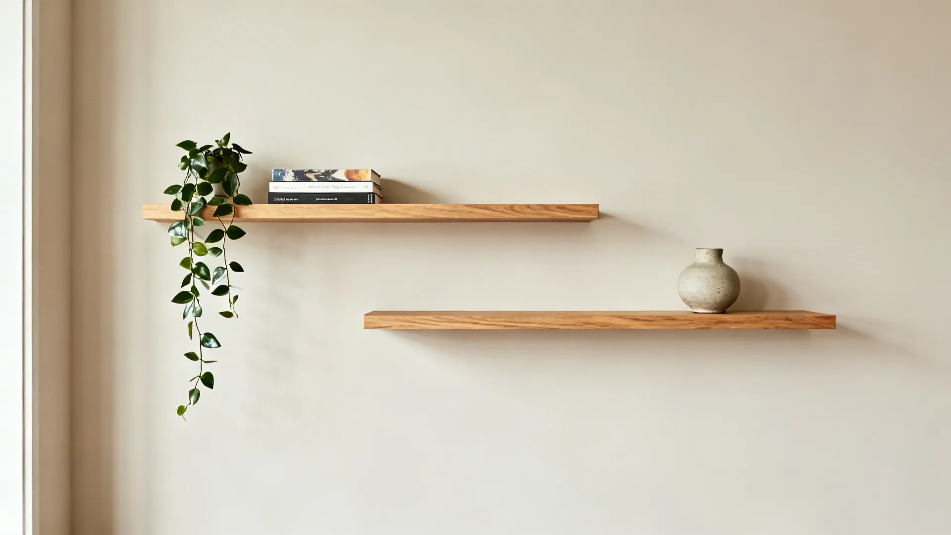 Slim oak floating shelves with airy styling and negative space.