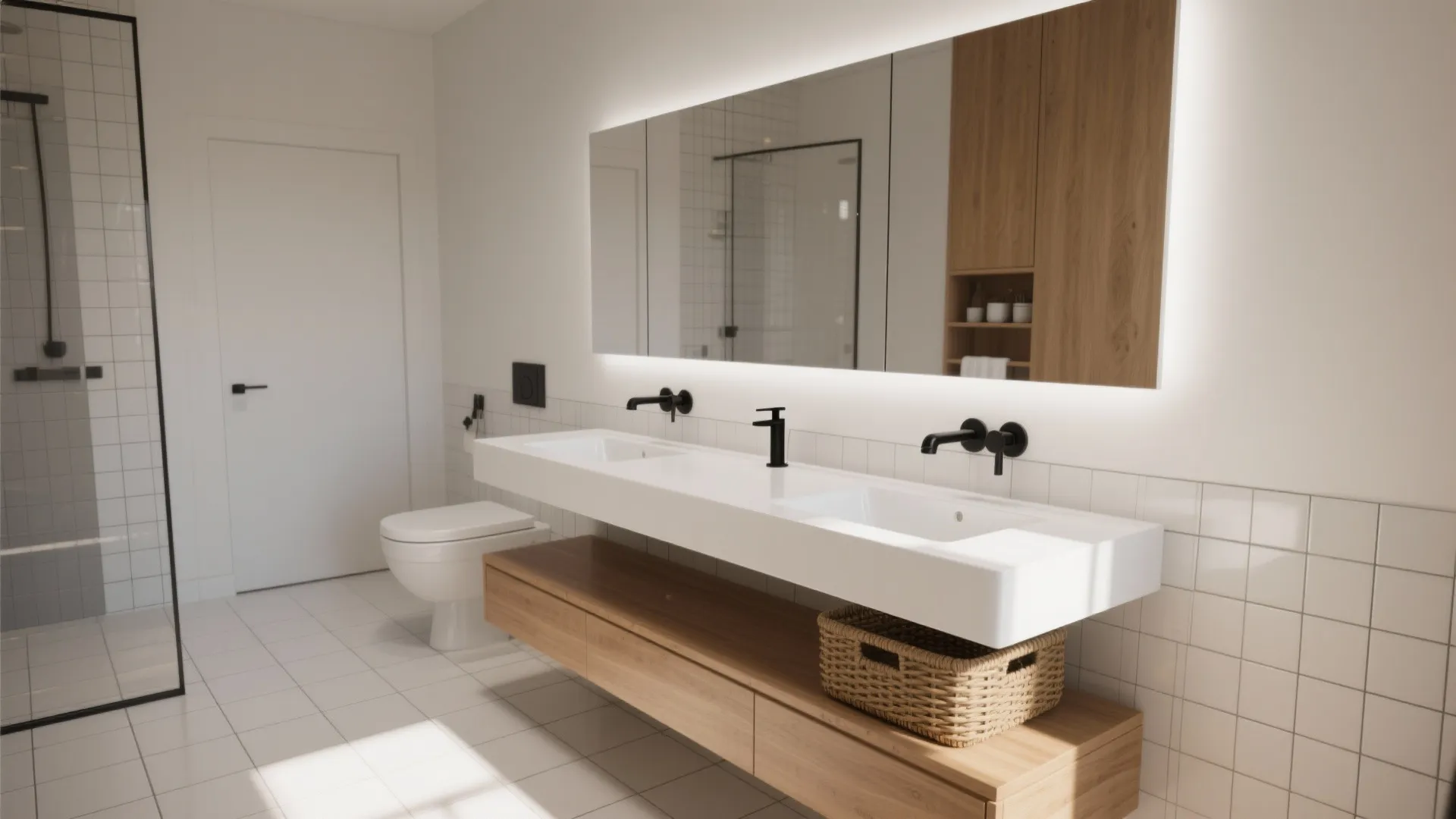 Slim floating vanity with mirrored cabinet and hidden basket storage below in a bright bathroom
