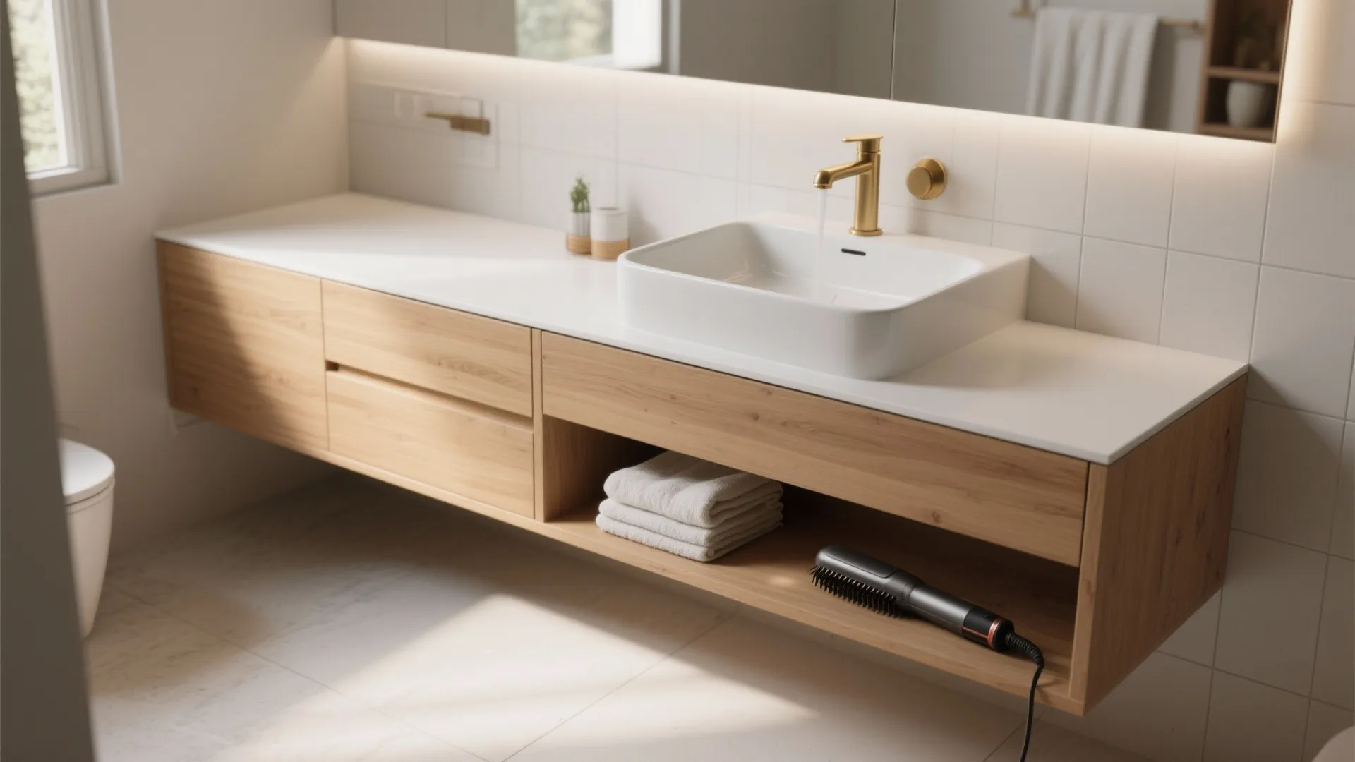 Long wood floating sink cabinet with gold faucet white basin and towels in open shelf