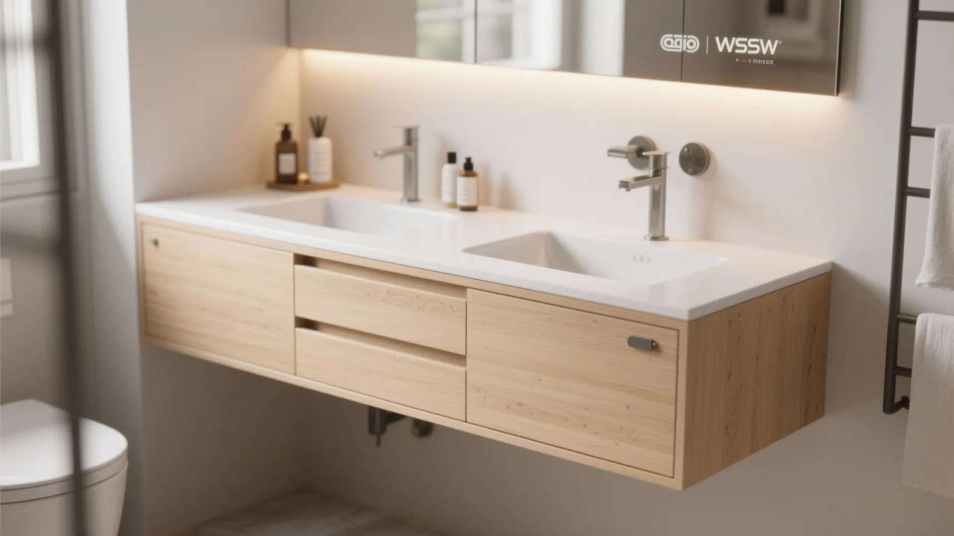 Close-up of a slim floating vanity with integrated drawers and LED mirror lighting.