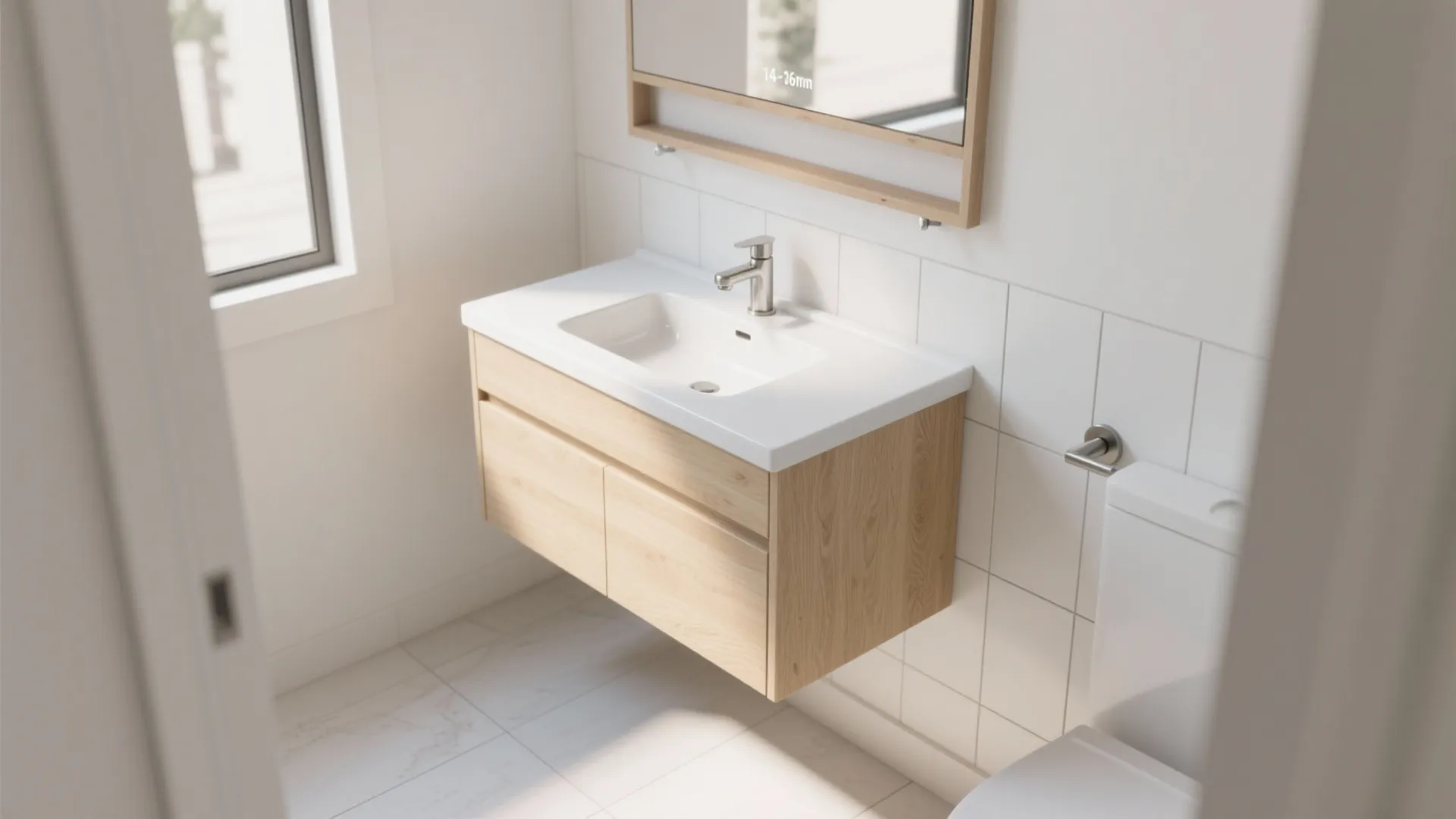 Modern bathroom featuring a wood cabinet sink and white wall tiles with a large wall mirror