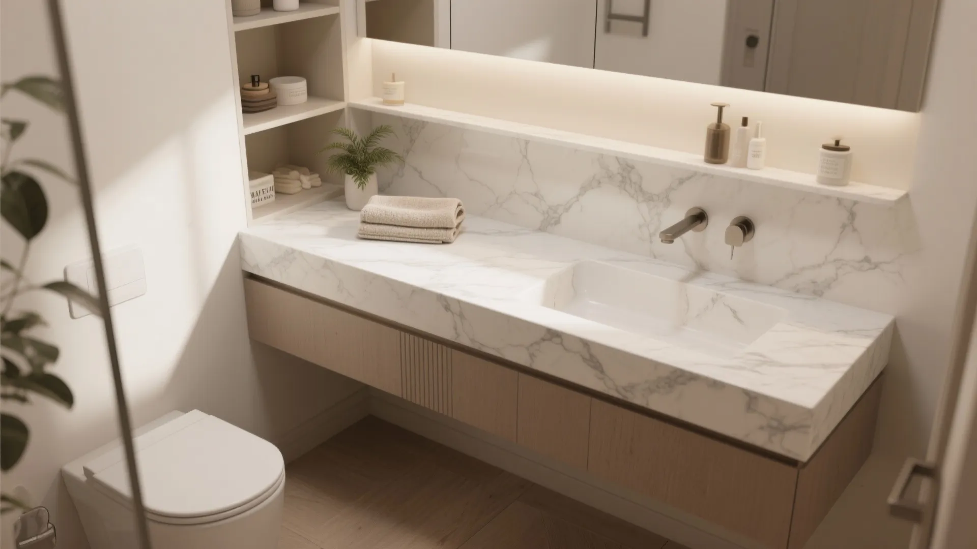 1. Slim Floating Vanity with a White Marble Top