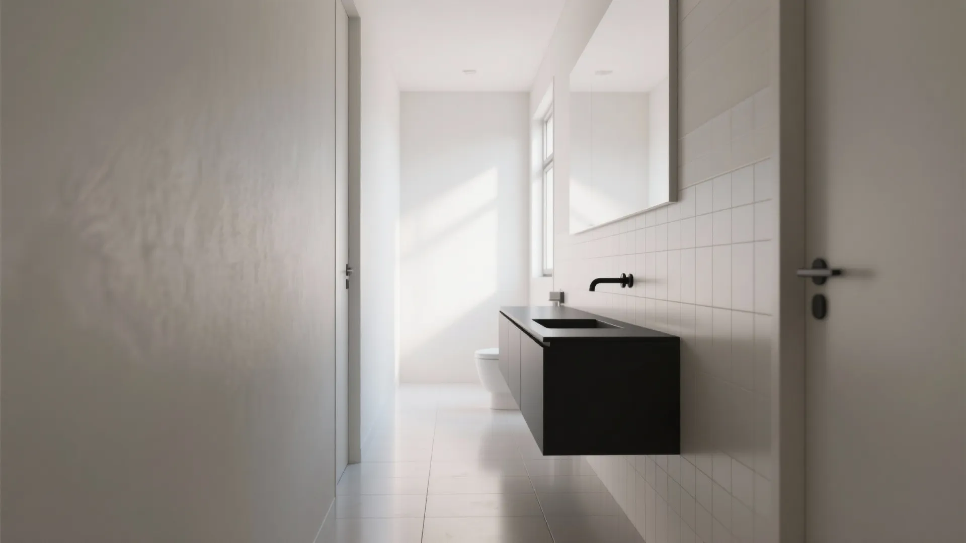 Minimalist white bathroom design with black floating sink cabinet large mirror and white wall tiles design