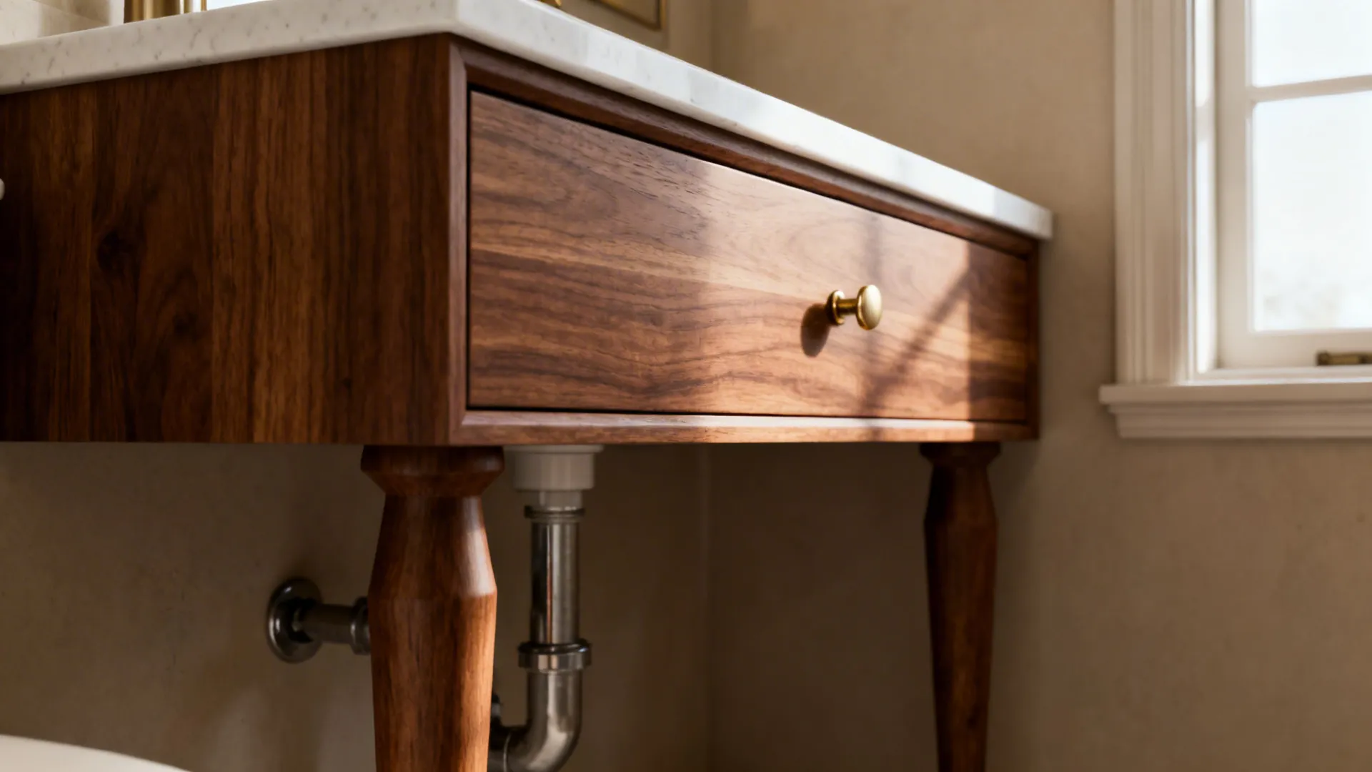 Close-up of a slim floating walnut vanity with tapered legs and white quartz top in a small bathroom.
