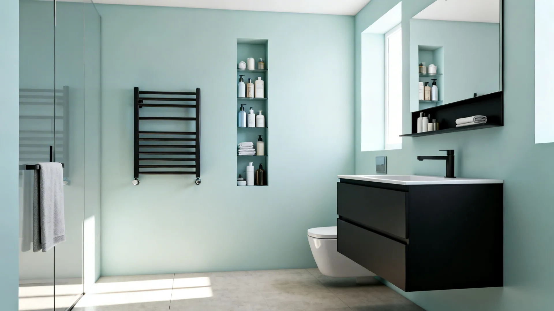 Compact bathroom with a slim black floating vanity and wall-mounted towel heater to maximize floor space.