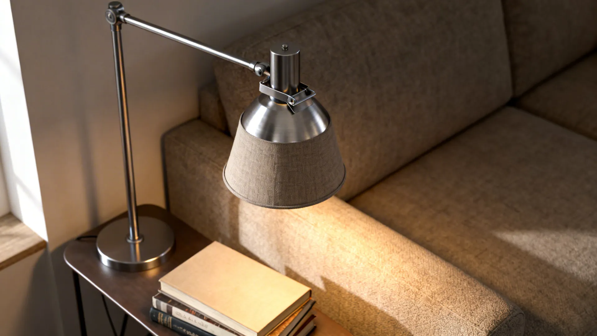 Close-up of a slim floor lamp with adjustable arm and sturdy base next to a sofa