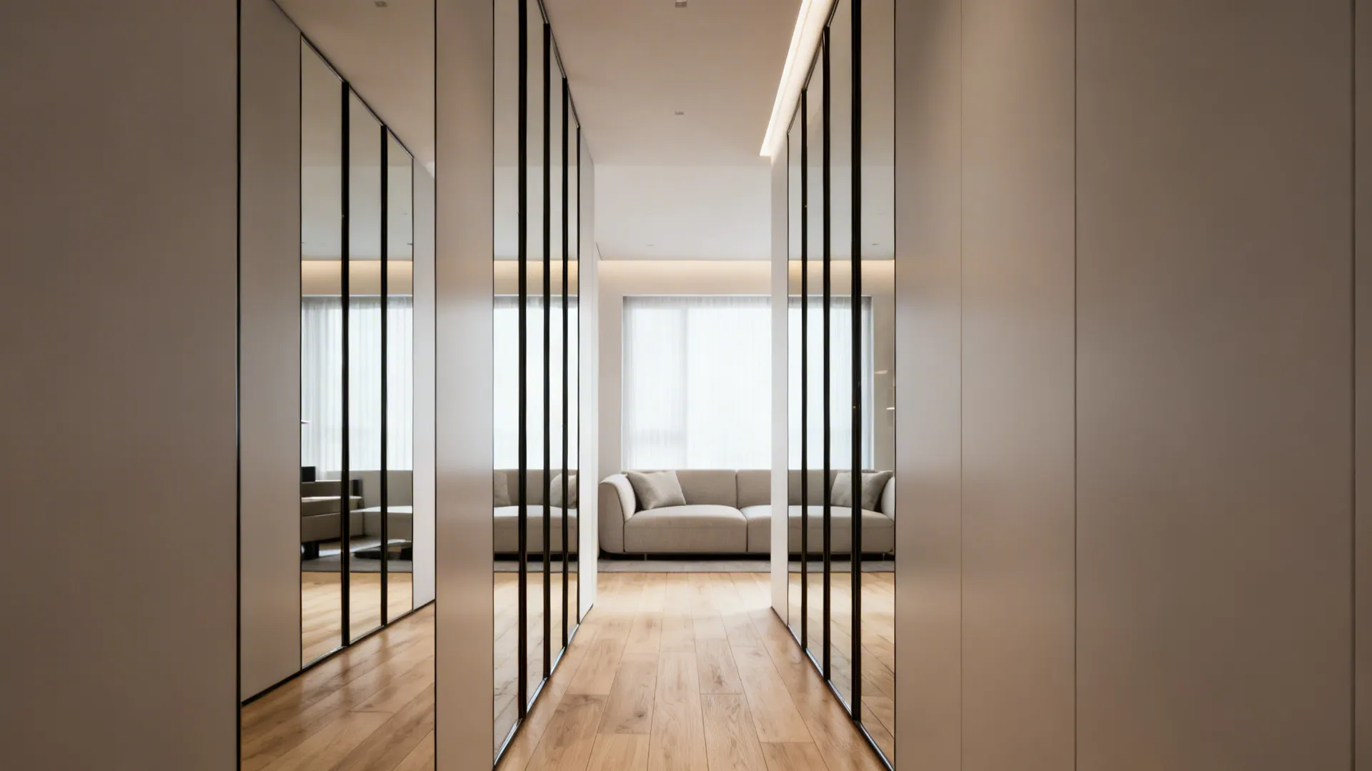 Slim floor-to-ceiling vertical mirror panels elongating a narrow living room