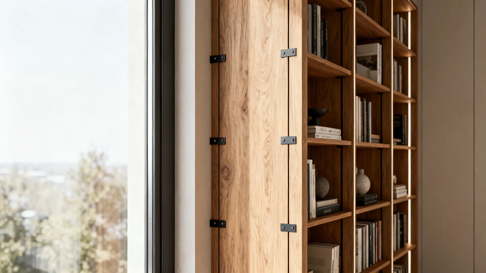 Tall slim wooden bookshelf with books next to a window in a modern home interior