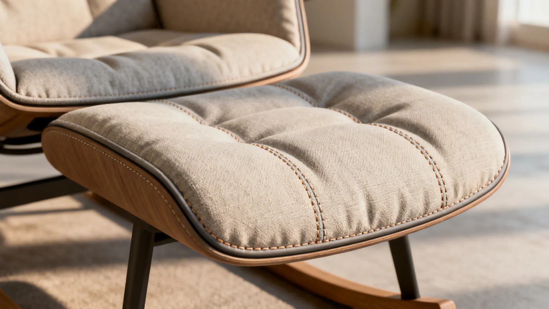 Macro detail of an integrated footrest and fabric texture on a slim reclining chair.