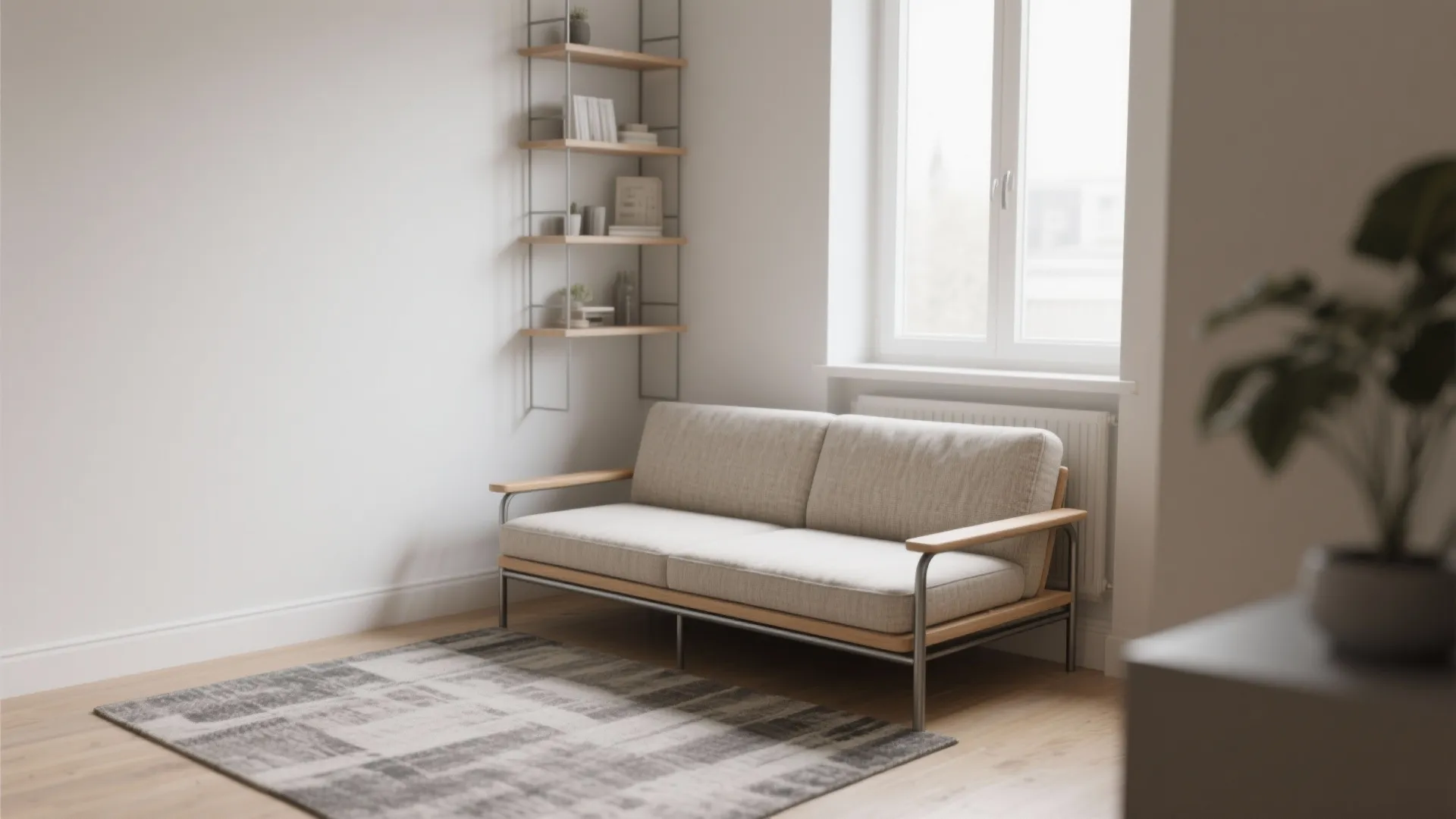 Modern beige sofa with wooden arms, grey patterned rug, metal wall shelf, and large window