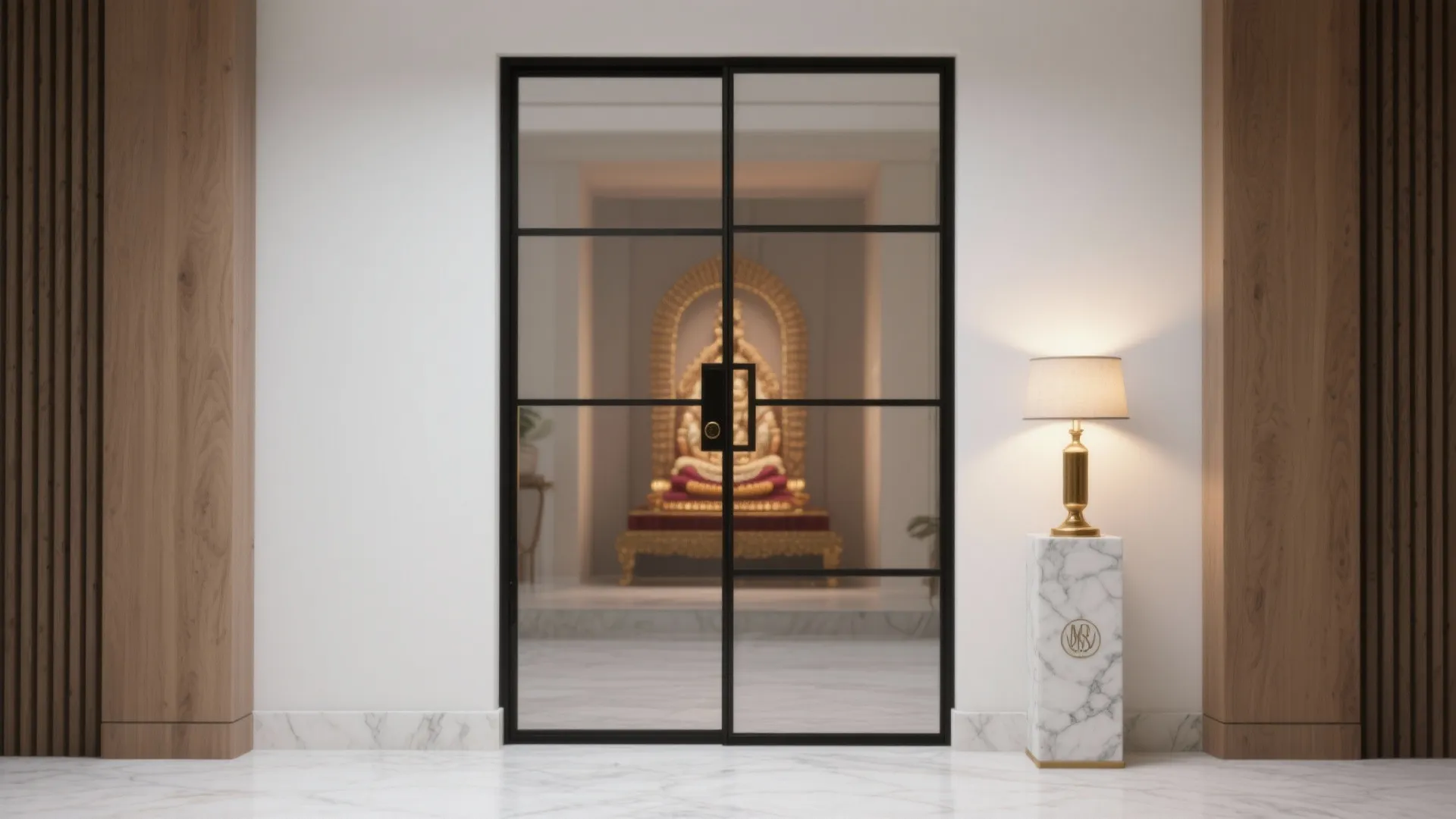 Slim Metal-Framed Glass Doors for a Modern Mandir