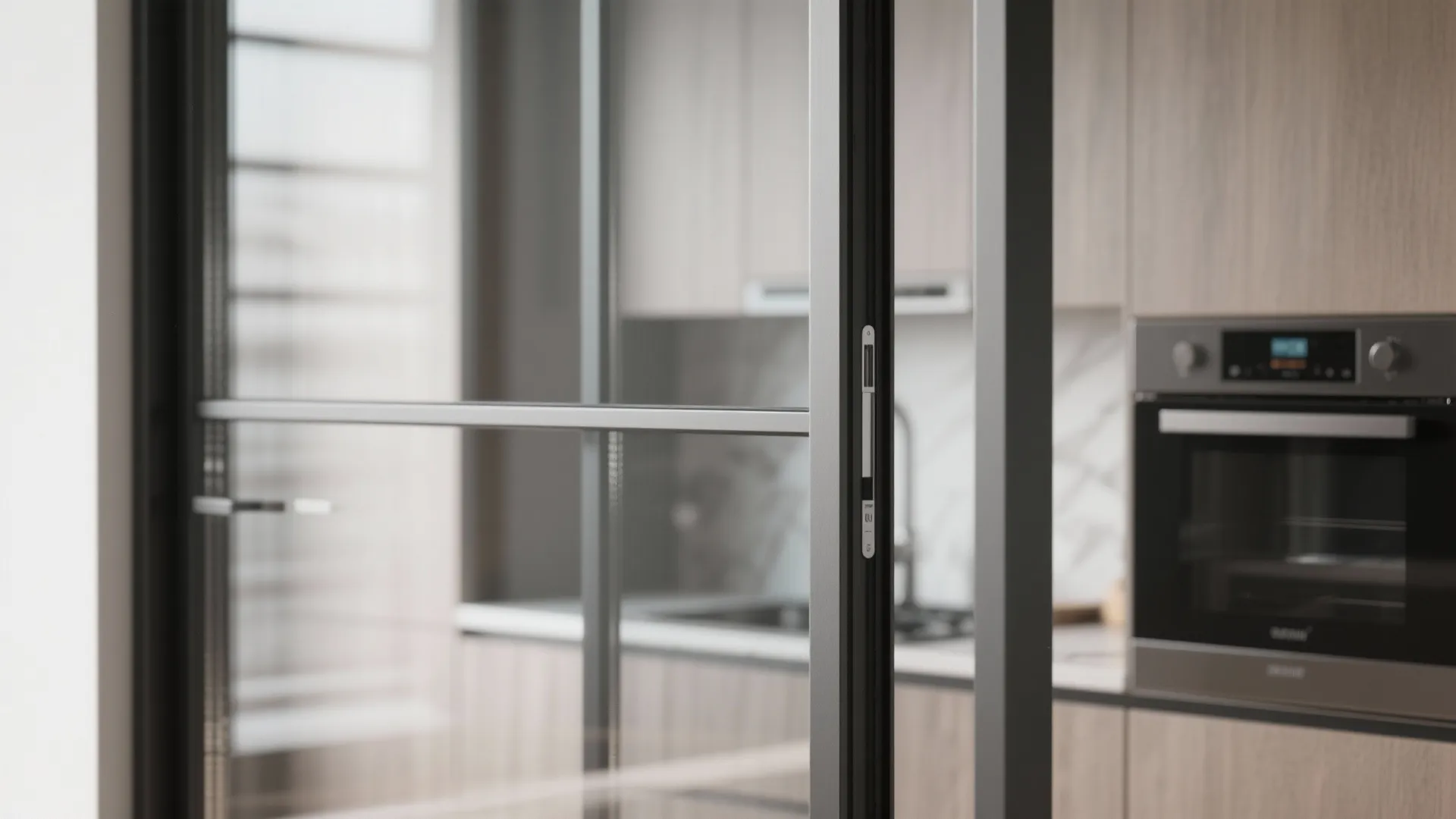 Close up of a black metal sliding glass door frame in a modern kitchen setting