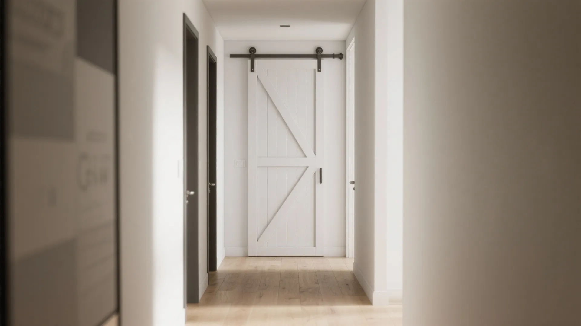 Modern white sliding barn door in a hallway with wooden floors and simple white walls