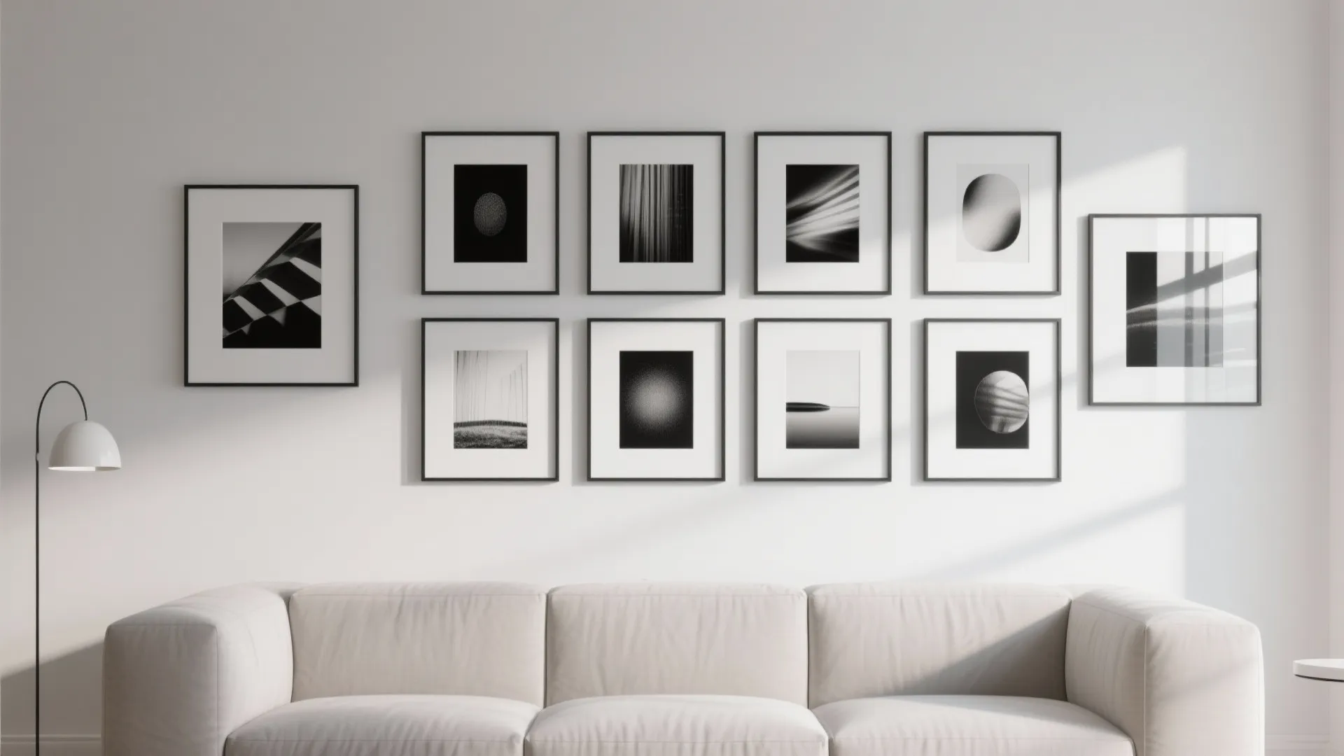 5) High-contrast gallery wall on white with slim black frames