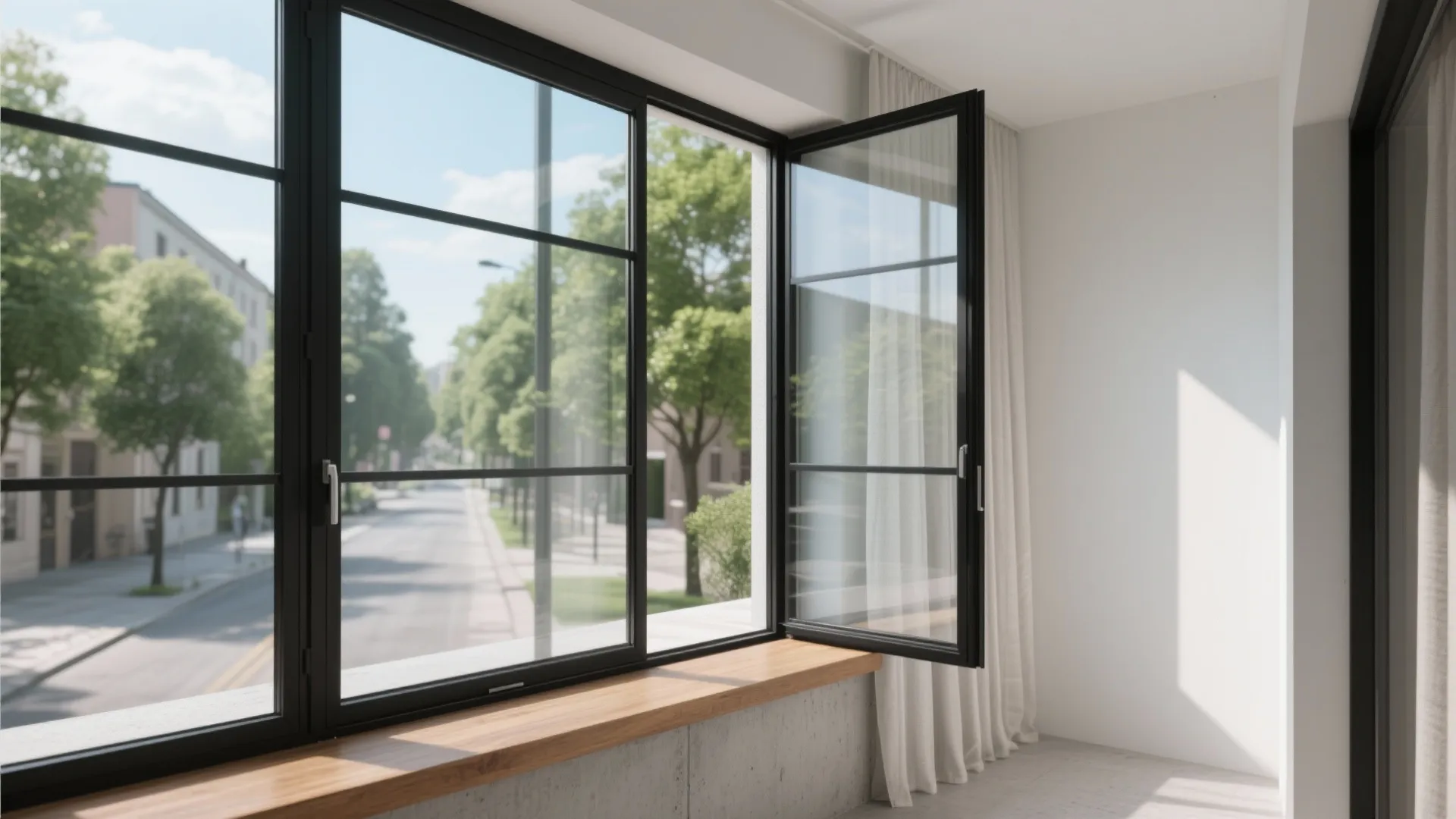 Black metal frame window with one open pane overlooking a street lined with green trees