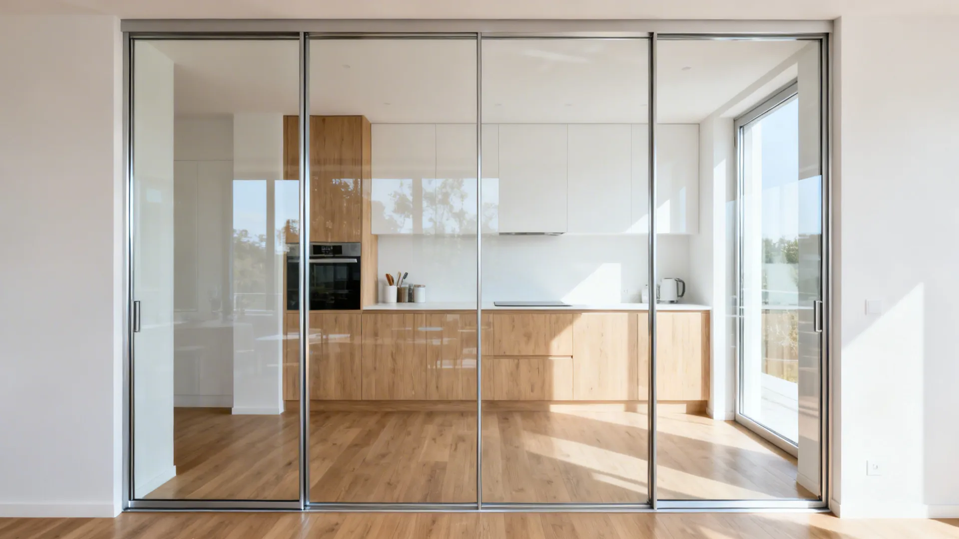 Slim aluminium clear glass door brightens a narrow galley kitchen and borrows light from next room.