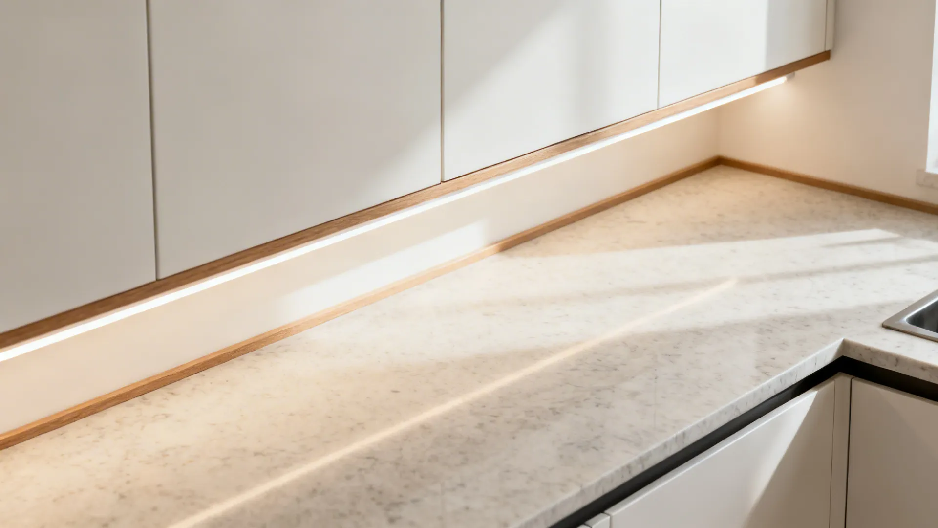 Macro of slim framed cabinet door with warm LED under-cabinet lighting on a quartz counter.