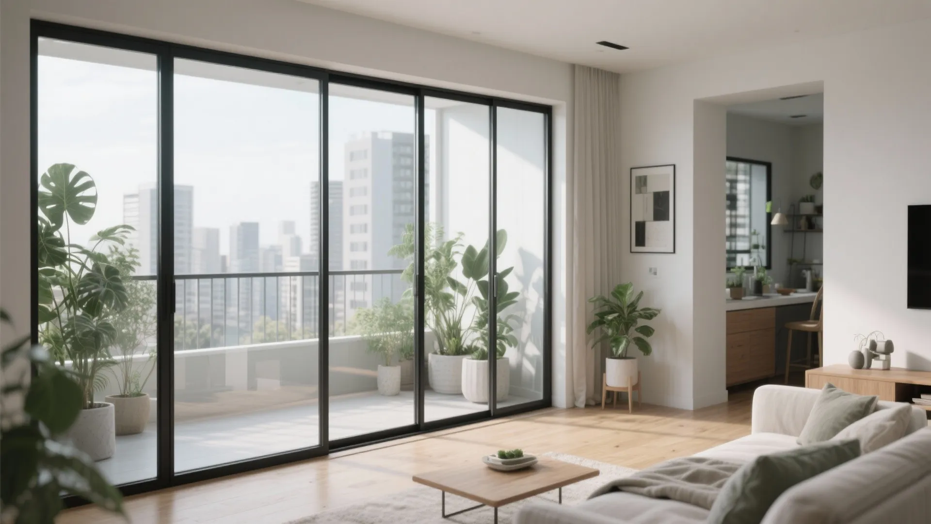 Slim-frame balcony window design with neutral low-E glass flooding a compact living room with even daylight.