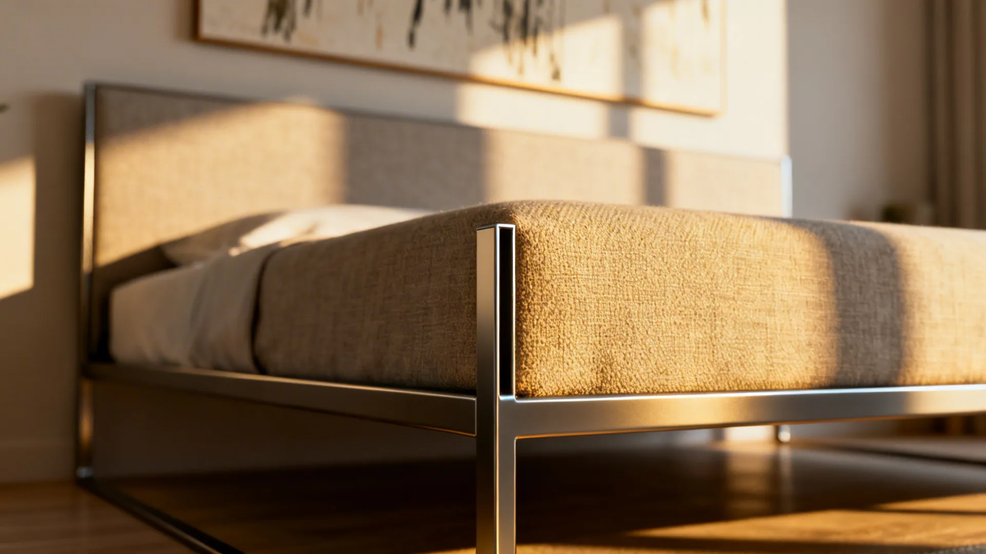 Slim-profile metal bed frame with a low upholstered headboard preserving sightlines