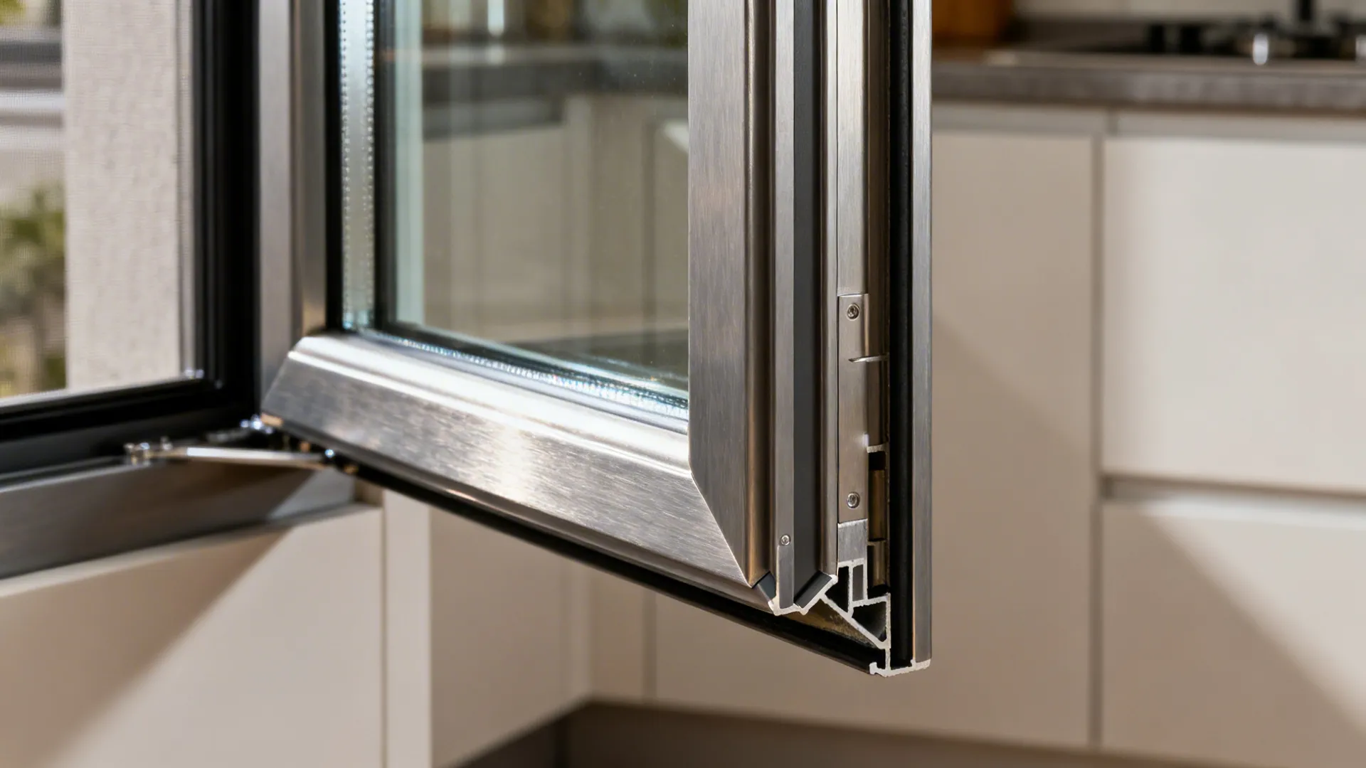 Macro of thermally broken slim aluminum window frame with double glazing in a kitchen.