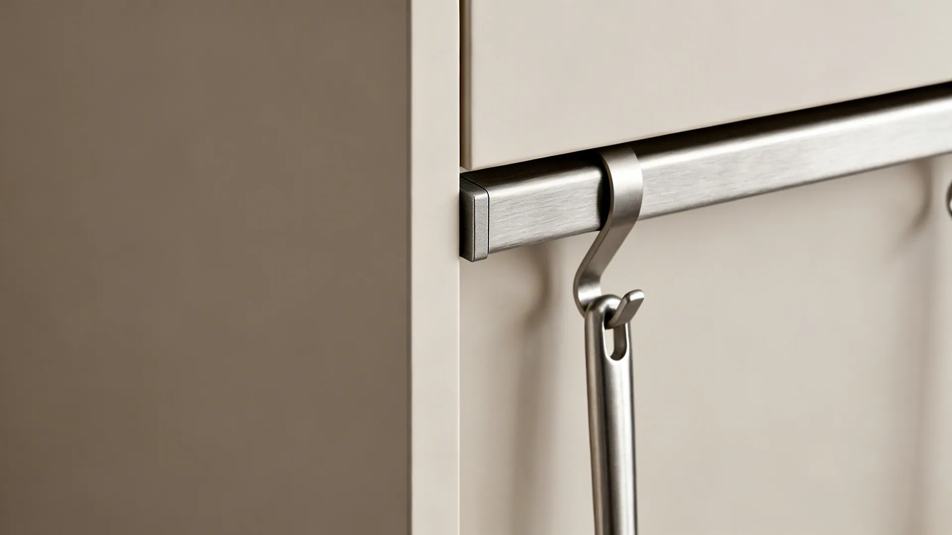 Close-up of a slim matte cabinet frame and brushed stainless rail hook in soft daylight.