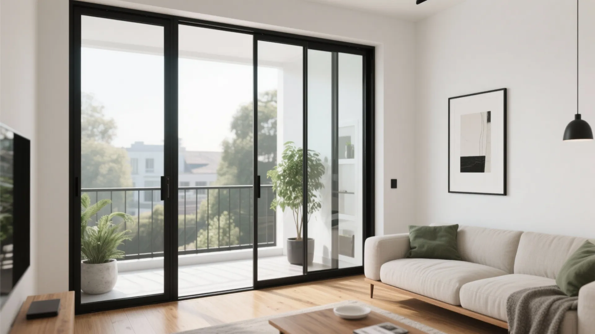 Bright living room with black frame sliding glass doors leading to a green outdoor balcony