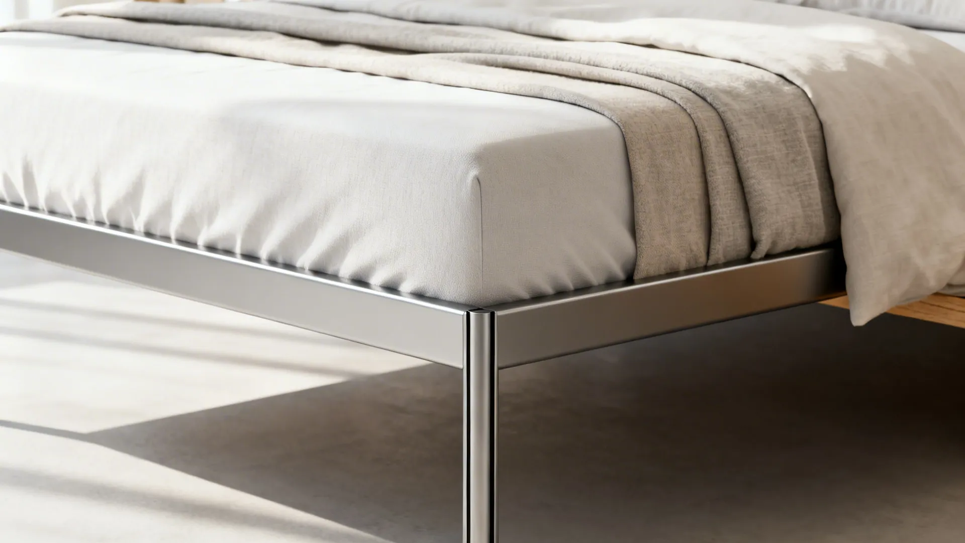 Slim metal and Scandinavian wooden bed frame detail with layered light bedding and topper.