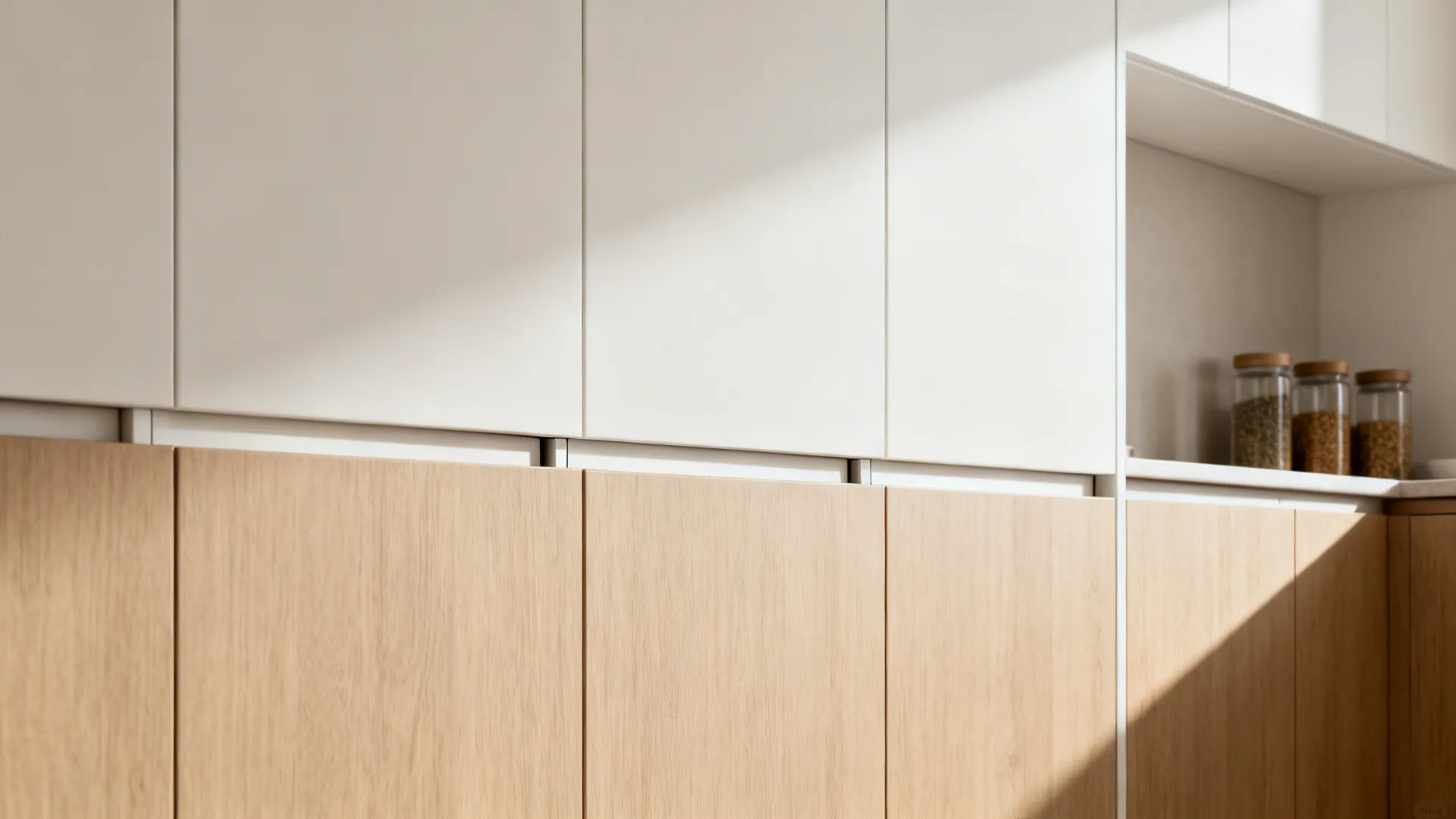Minimalist slim-frame upper cabinets in matte white with light wood lowers in a compact kitchen.