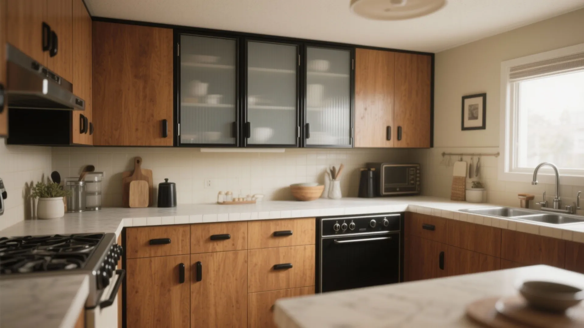 2. Frosted glass with slim frames to modernize vintage kitchens