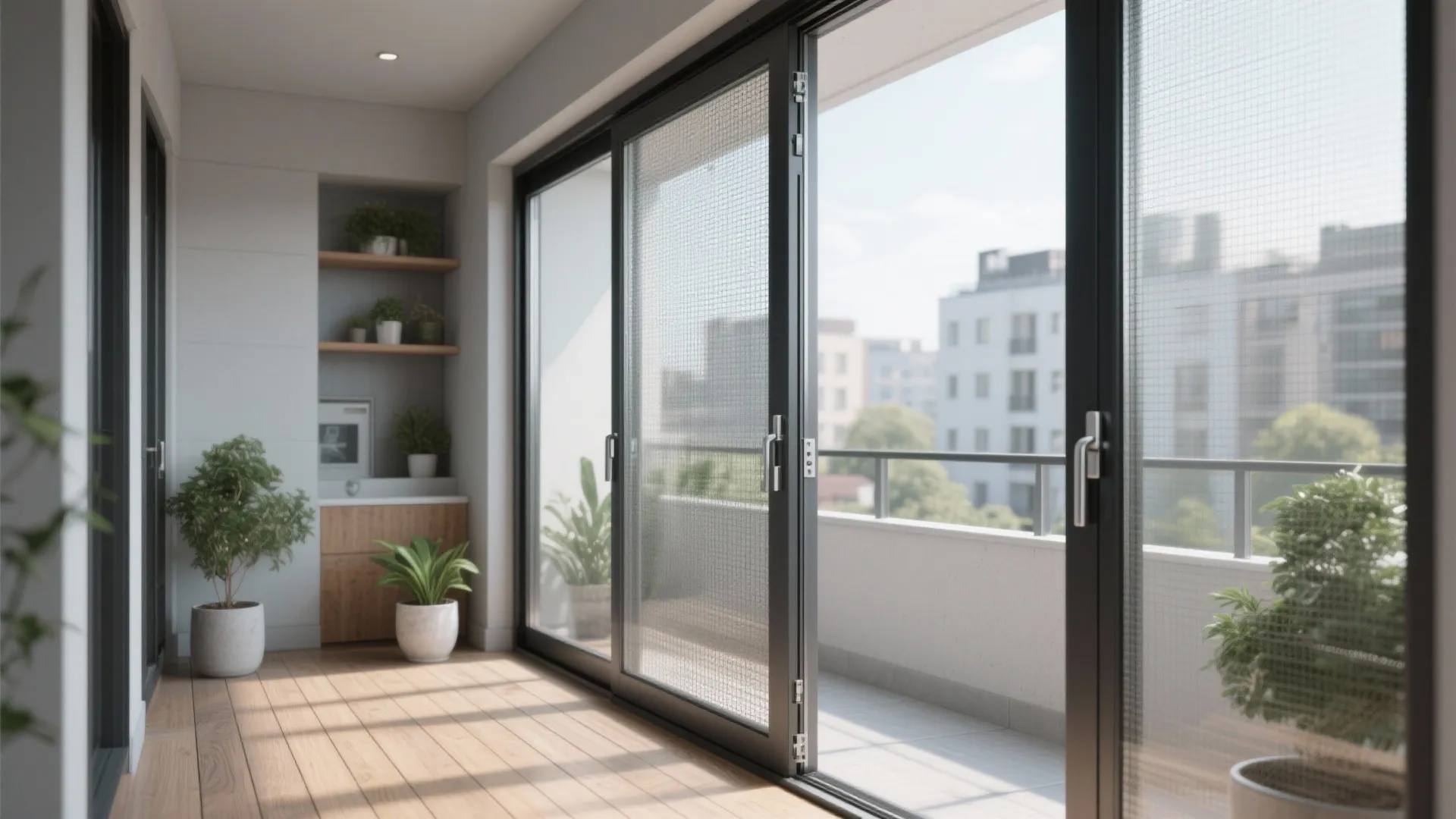 Open balcony with wooden flooring and black frame sliding glass doors featuring protective screen mesh