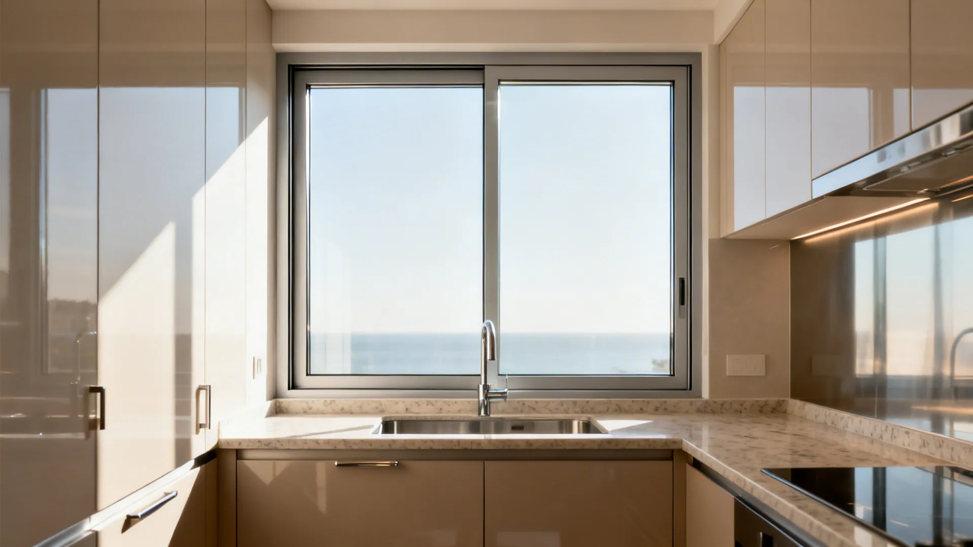 Slim aluminum-frame kitchen window with low-iron glass flooding a small counter with daylight.