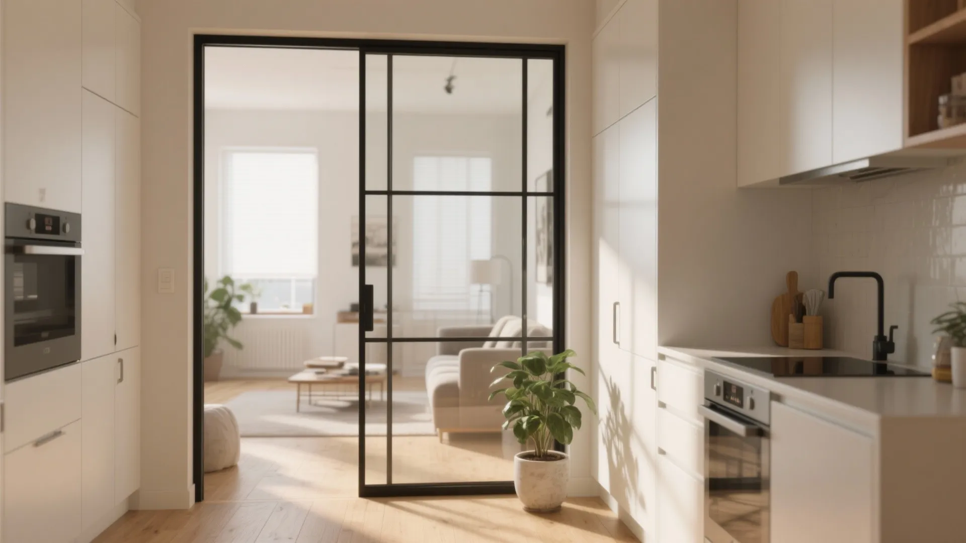 Modern kitchen featuring black slim frame glass sliding door leading to a bright living room area