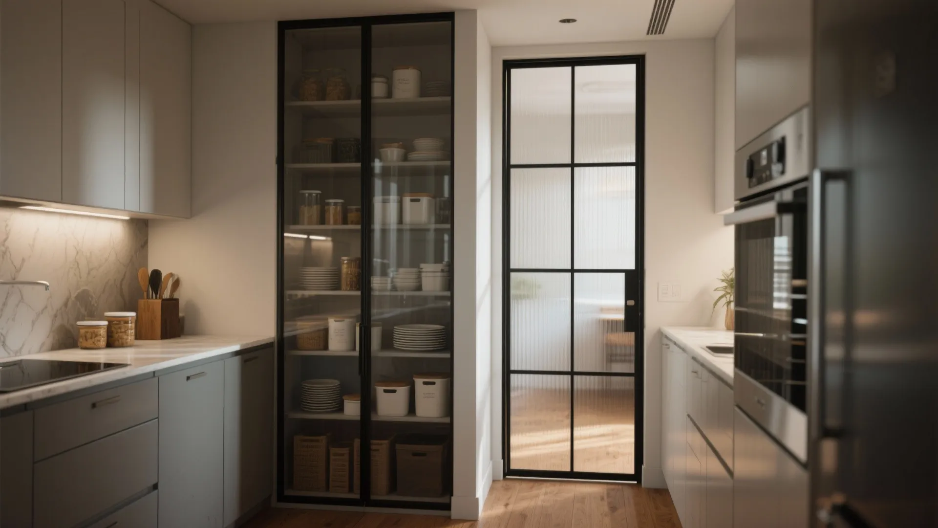 1. Slim framed glass pantry for a narrow galley