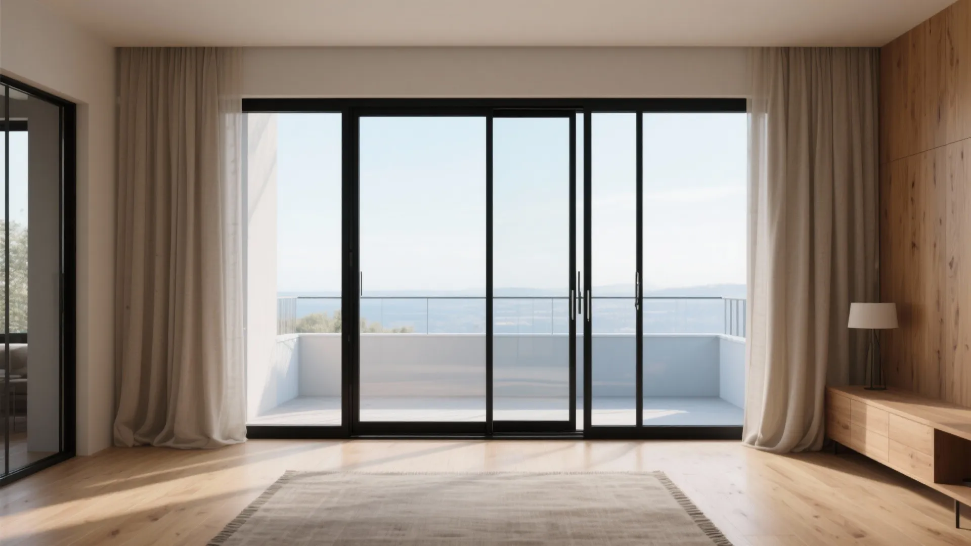 Black sliding glass doors leading to a balcony with light curtains and a wooden cabinet