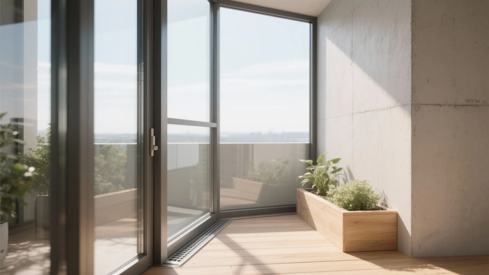 Modern balcony with wooden floor plants and large glass doors showing bright natural outdoor light